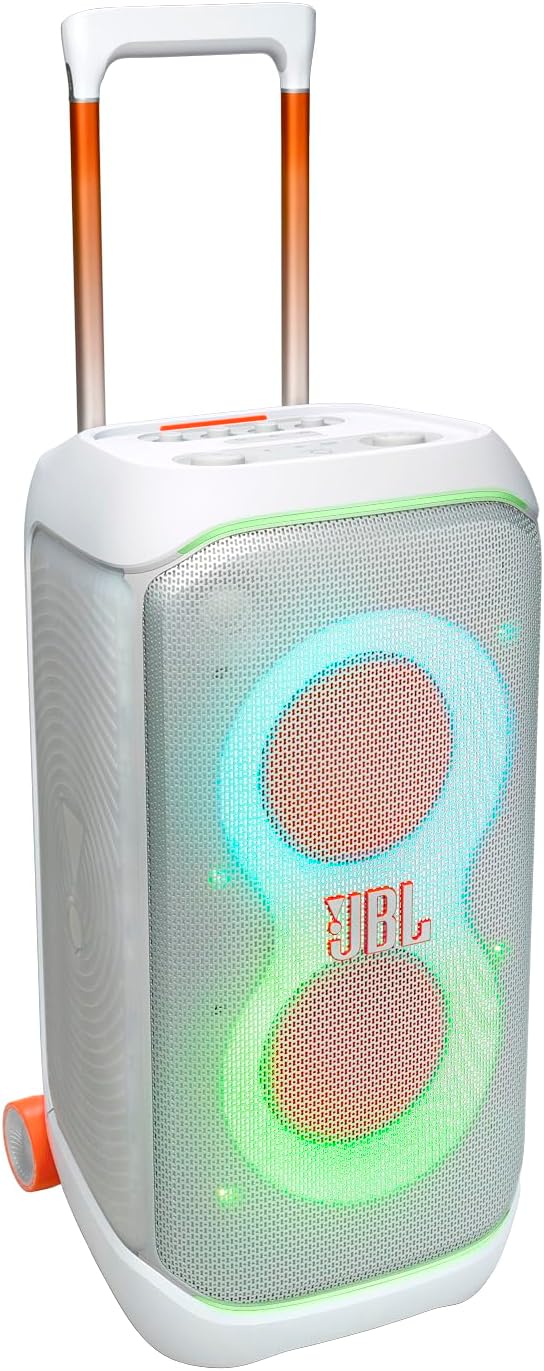 PartyBox Stage 320 - Portable Party Speaker with Telescopic Handle & Wide, Sturdy Wheels, Powerful Pro Sound, Futuristic lightshow, Up to 18 Hours of Play time, Splash Proof (White)