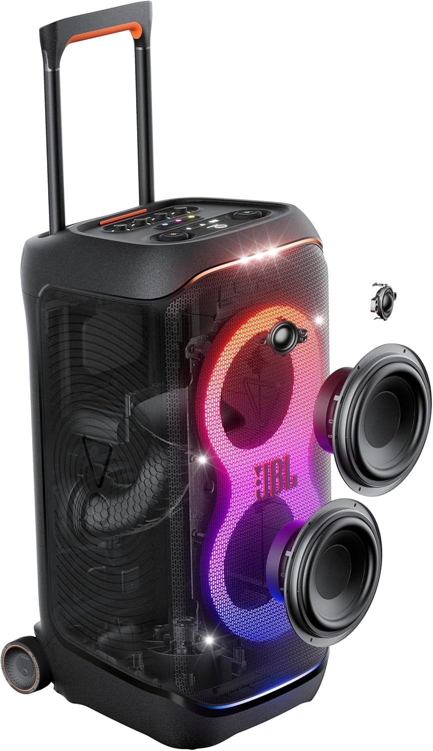 PartyBox Stage 320 - Portable Party Speaker with Telescopic Handle & Wide, Sturdy Wheels, Powerful Pro Sound, Futuristic lightshow, Up to 18 Hours of Play time, Splash Proof (White)