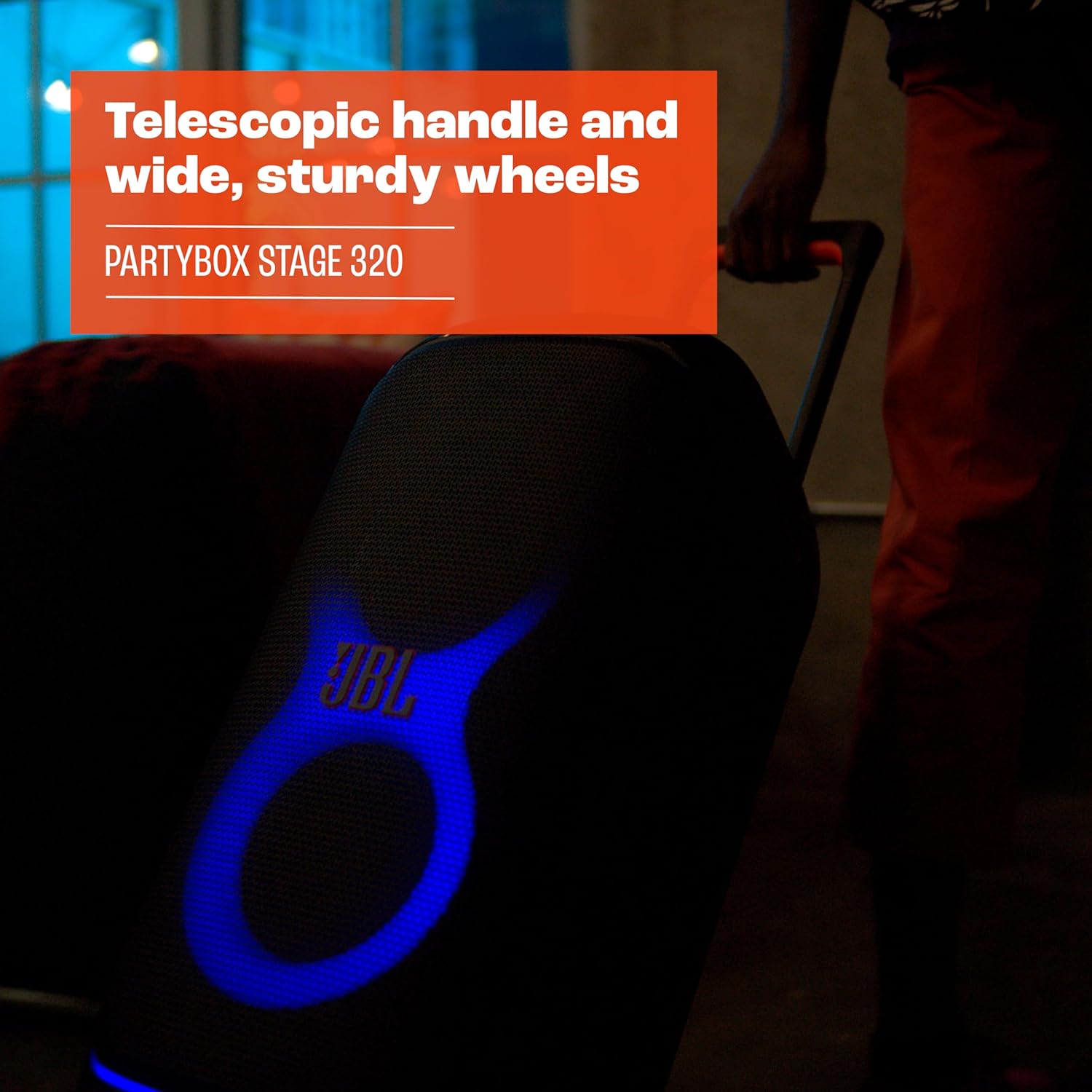 PartyBox Stage 320 - Portable Party Speaker with Telescopic Handle & Wide, Sturdy Wheels, Powerful Pro Sound, Futuristic lightshow, Up to 18 Hours of Play time, Splash Proof (White)