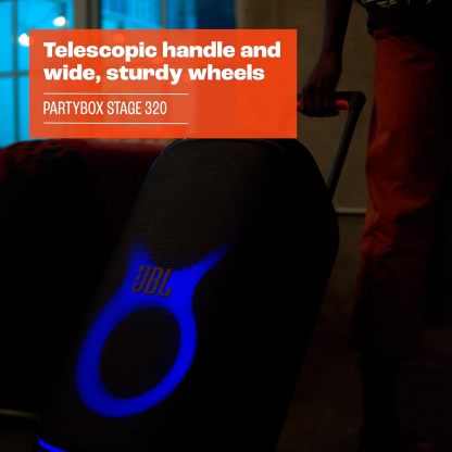 PartyBox Stage 320 - Portable Party Speaker with Telescopic Handle & Wide, Sturdy Wheels, Powerful Pro Sound, Futuristic lightshow, Up to 18 Hours of Play time, Splash Proof (White)