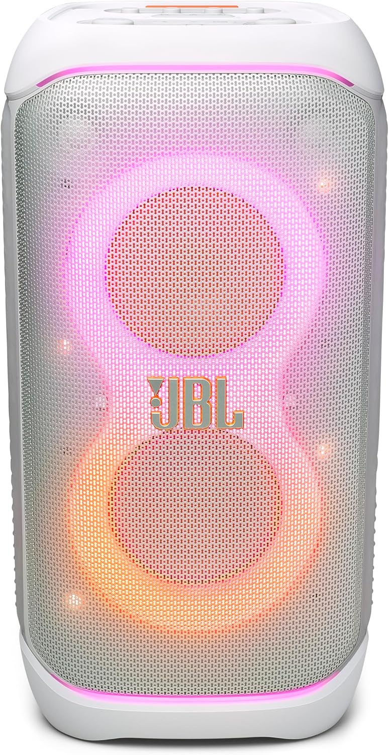 PartyBox Stage 320 - Portable Party Speaker with Telescopic Handle & Wide, Sturdy Wheels, Powerful Pro Sound, Futuristic lightshow, Up to 18 Hours of Play time, Splash Proof (White)