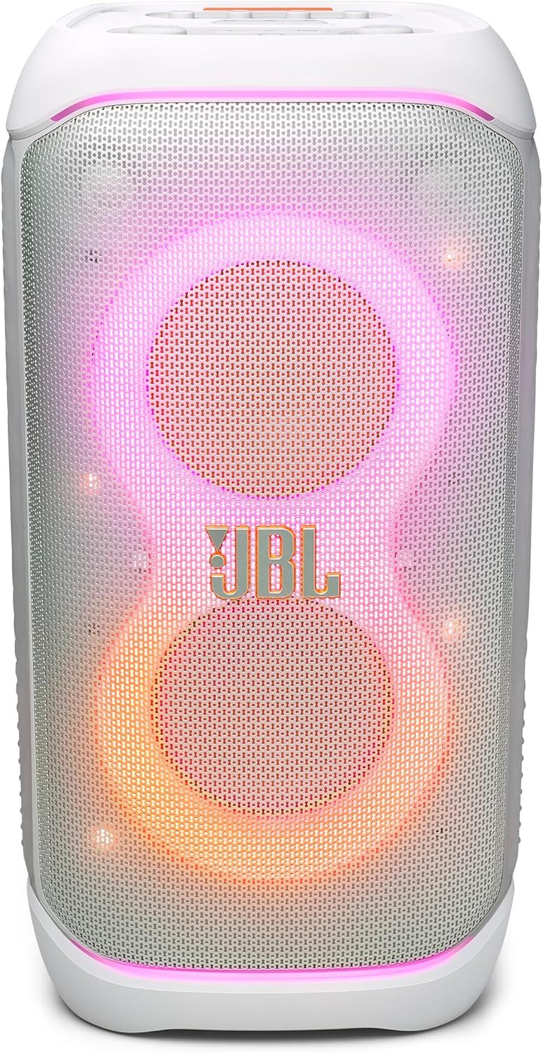 PartyBox Stage 320 - Portable Party Speaker with Telescopic Handle & Wide, Sturdy Wheels, Powerful Pro Sound, Futuristic lightshow, Up to 18 Hours of Play time, Splash Proof (White)