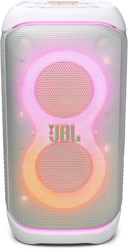 PartyBox Stage 320 - Portable Party Speaker with Telescopic Handle & Wide, Sturdy Wheels, Powerful Pro Sound, Futuristic lightshow, Up to 18 Hours of Play time, Splash Proof (White)