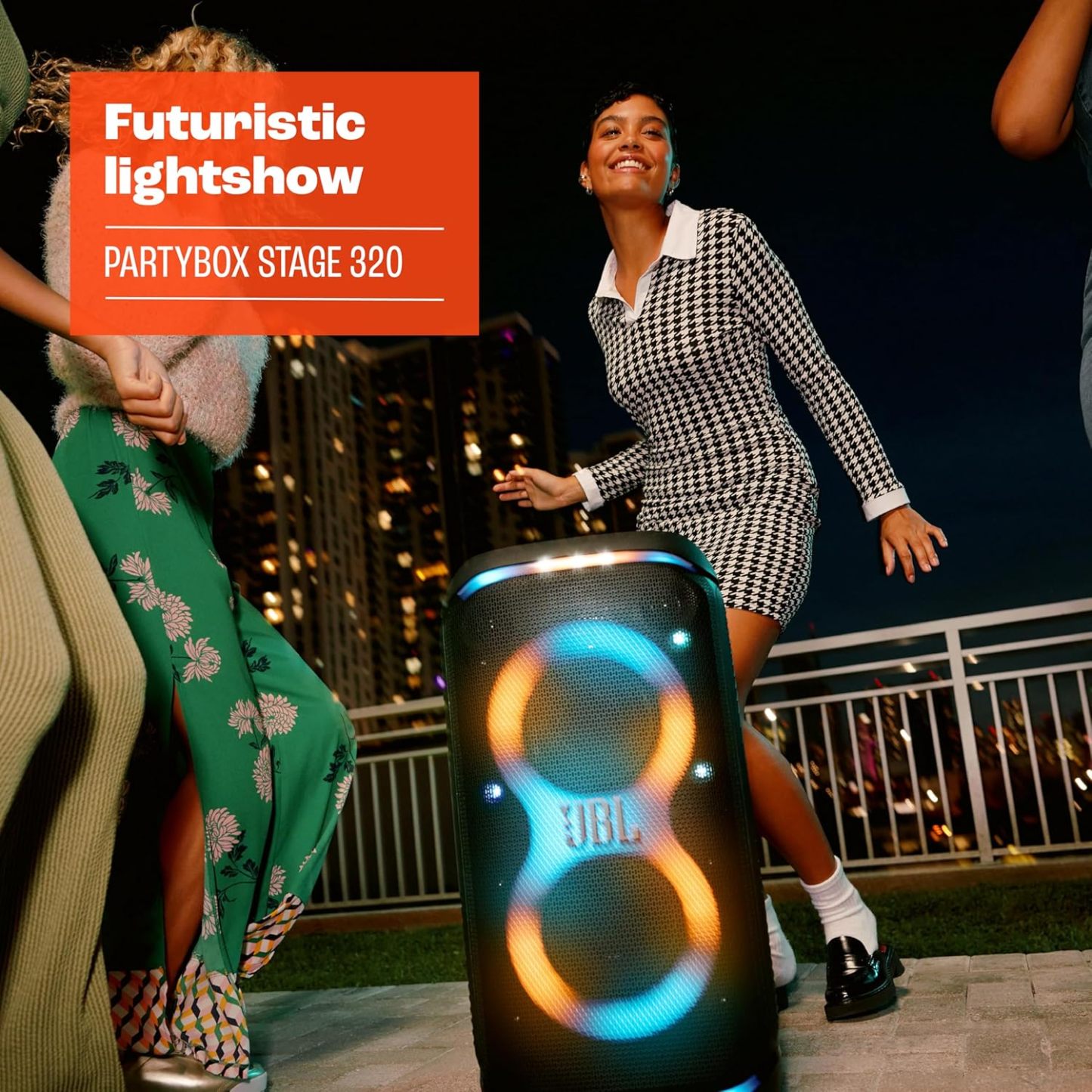 PartyBox Stage 320 - Portable Party Speaker with Telescopic Handle & Wide, Sturdy Wheels, Powerful Pro Sound, Futuristic lightshow, Up to 18 Hours of Play time, Splash Proof (White)