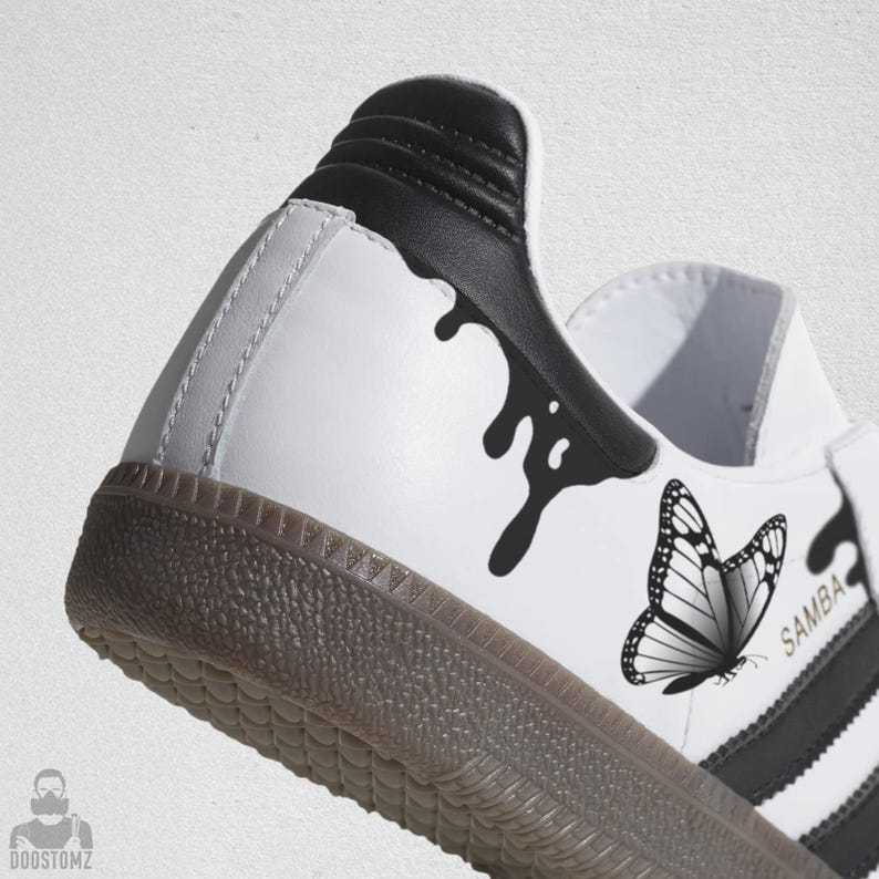 Samthtba Custom Sneakers – Hand Painted Butterfly Shoes, Black Drip Design, Unique Custom Sneakers