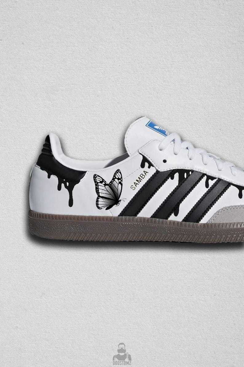 Samthtba Custom Sneakers – Hand Painted Butterfly Shoes, Black Drip Design, Unique Custom Sneakers