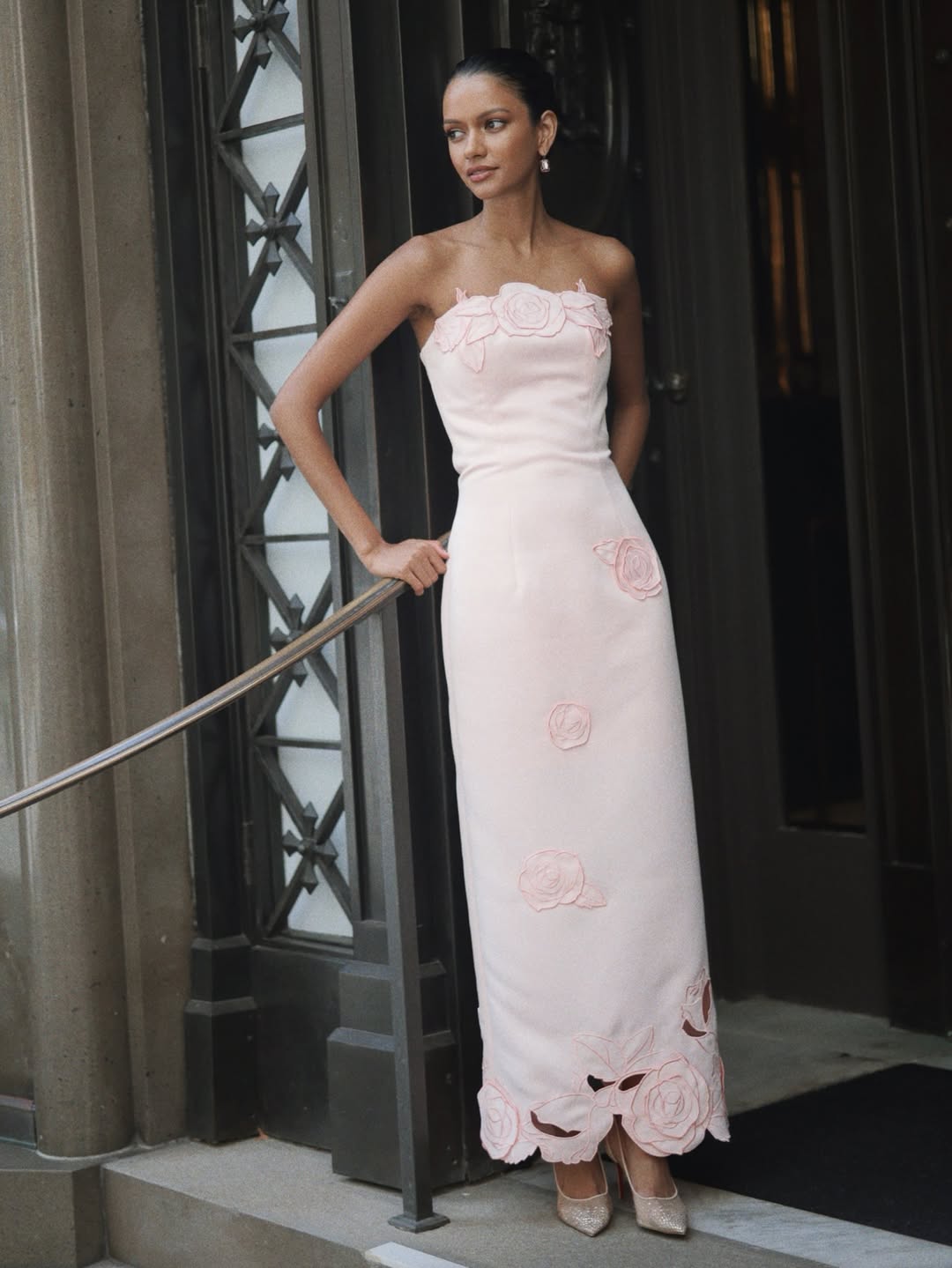 Blush Pink Strapless 3D Rose Applique Midi Dress