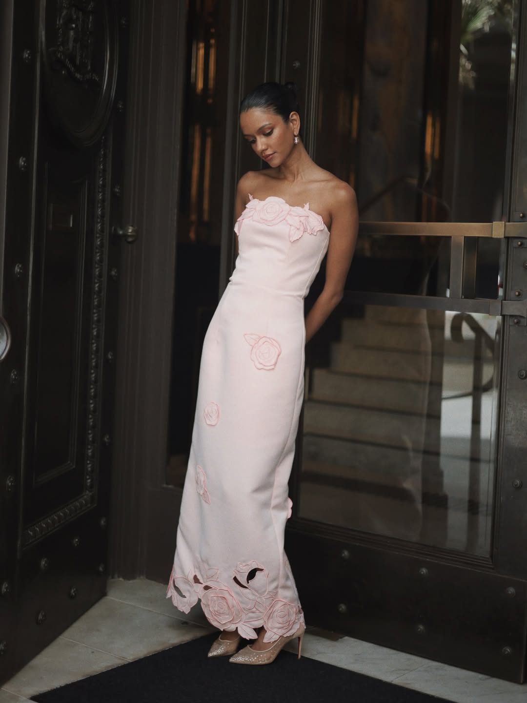 Blush Pink Strapless 3D Rose Applique Midi Dress