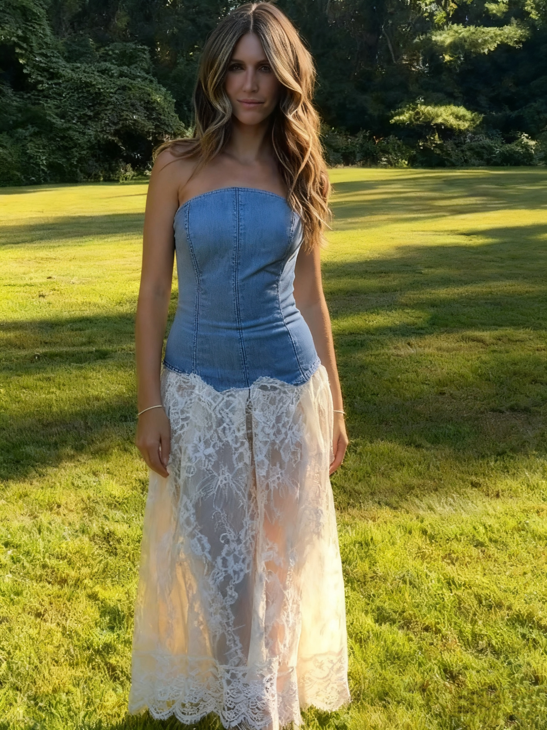 Denim lace maxi skirt