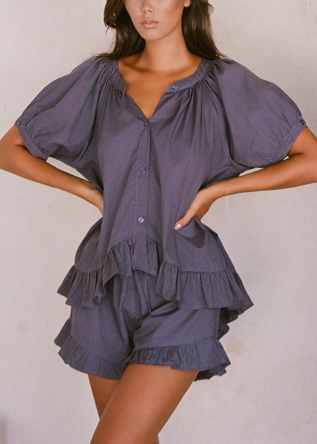 Solid color ruffled loose short sleeve shorts suit