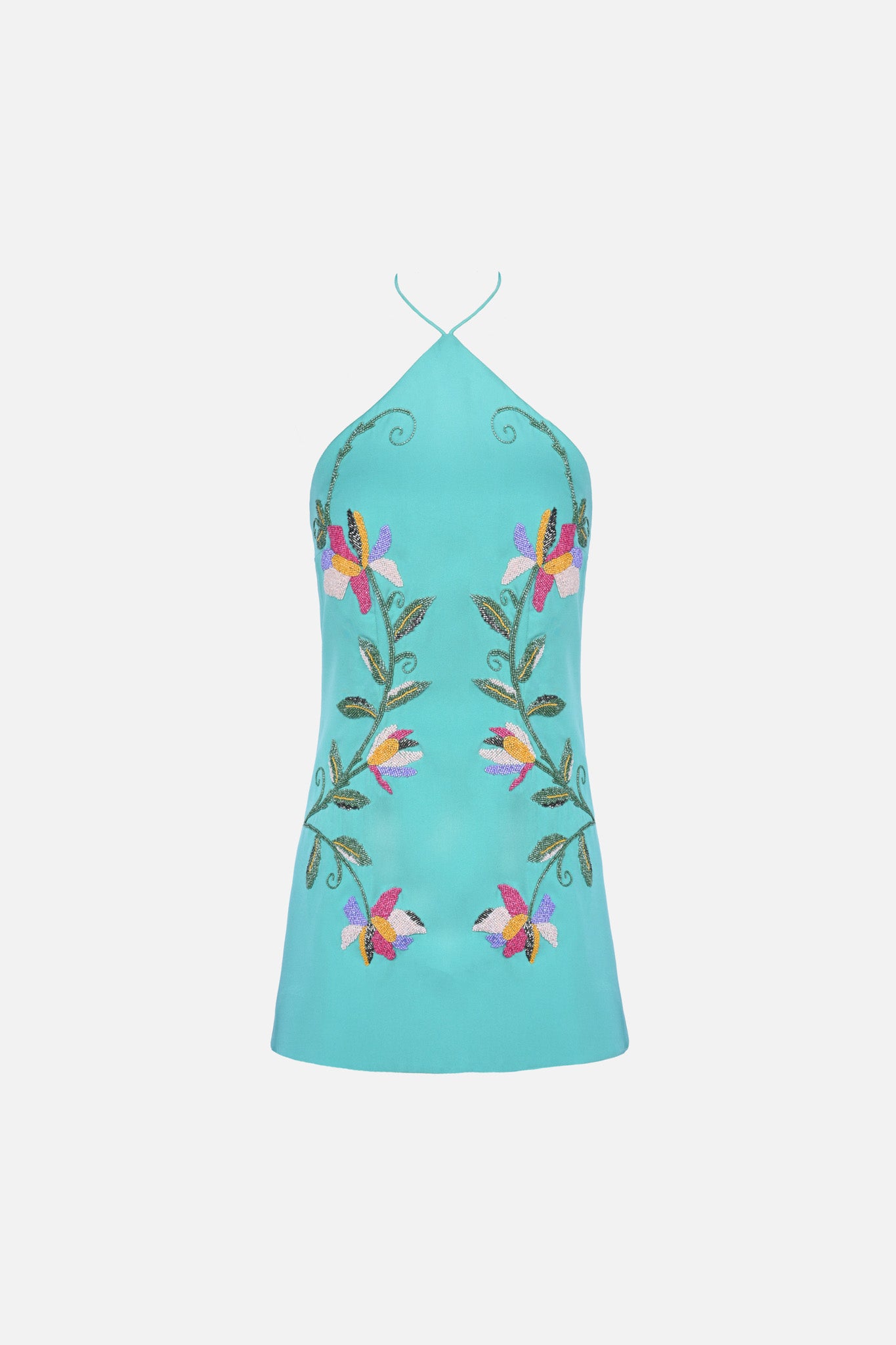 Turquoise Halter Floral Embroidered Mini Dress