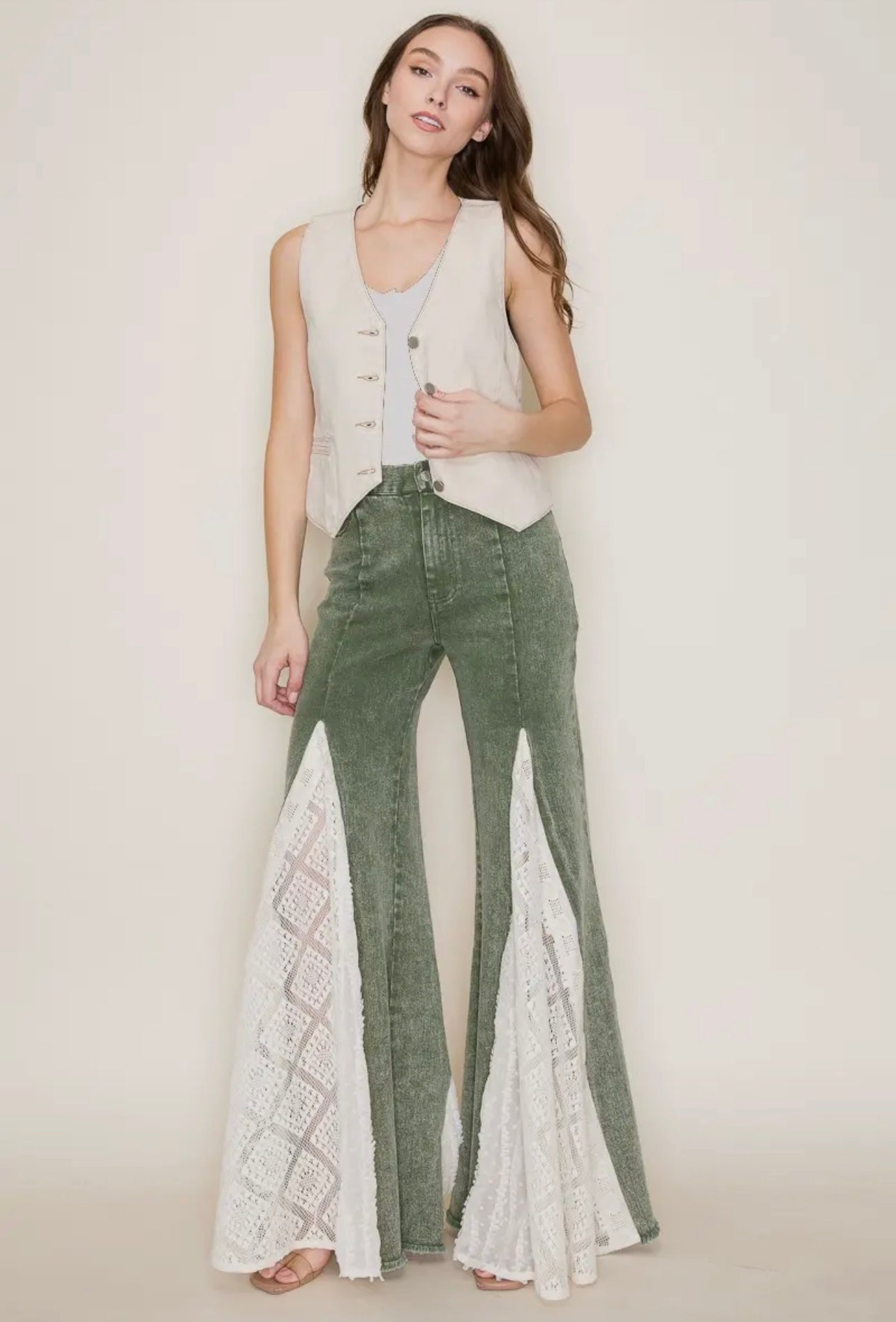 Lace Detail Wide Leg Jeans in Olive