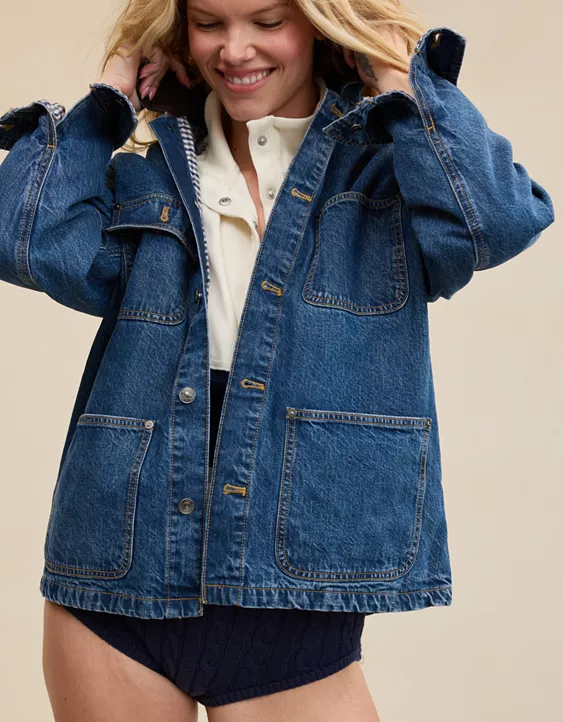 Corduroy Collar Gingham‑Lined Denim Chore Jacket