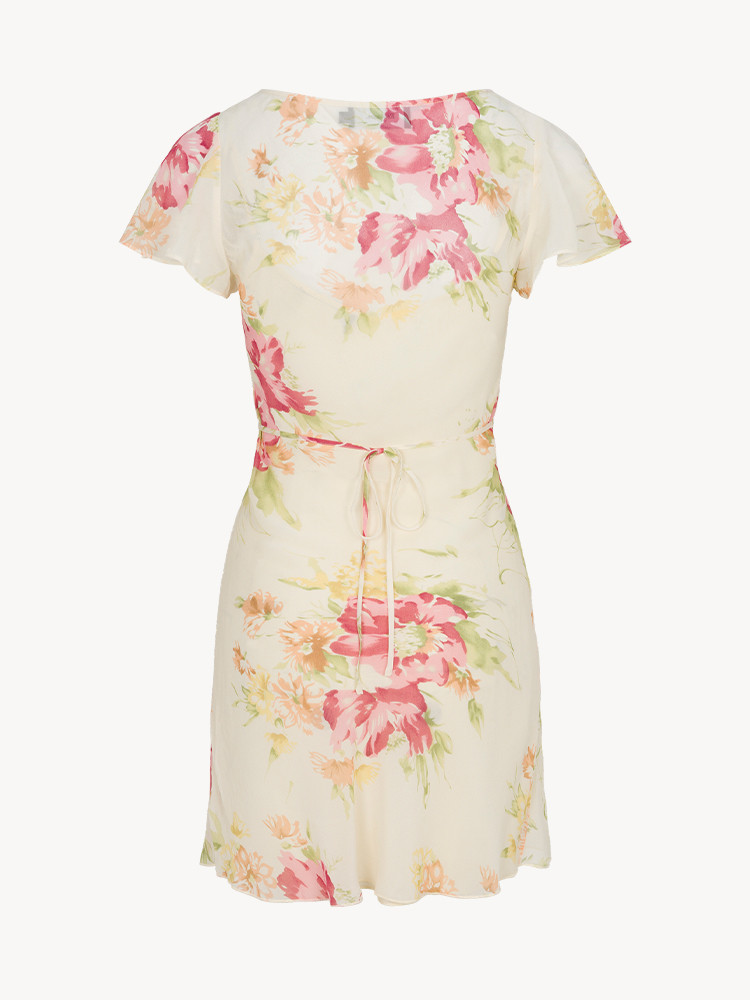 Floral Print Flutter Sleeve Chiffon Mini Dress