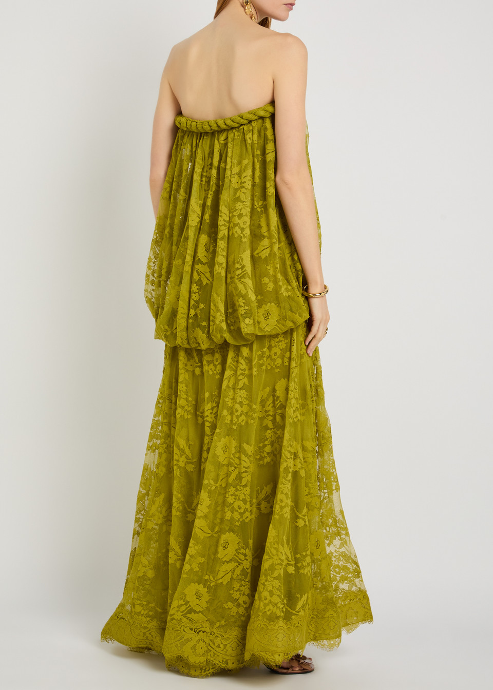 Olive Green Strapless Lace Maxi Dress