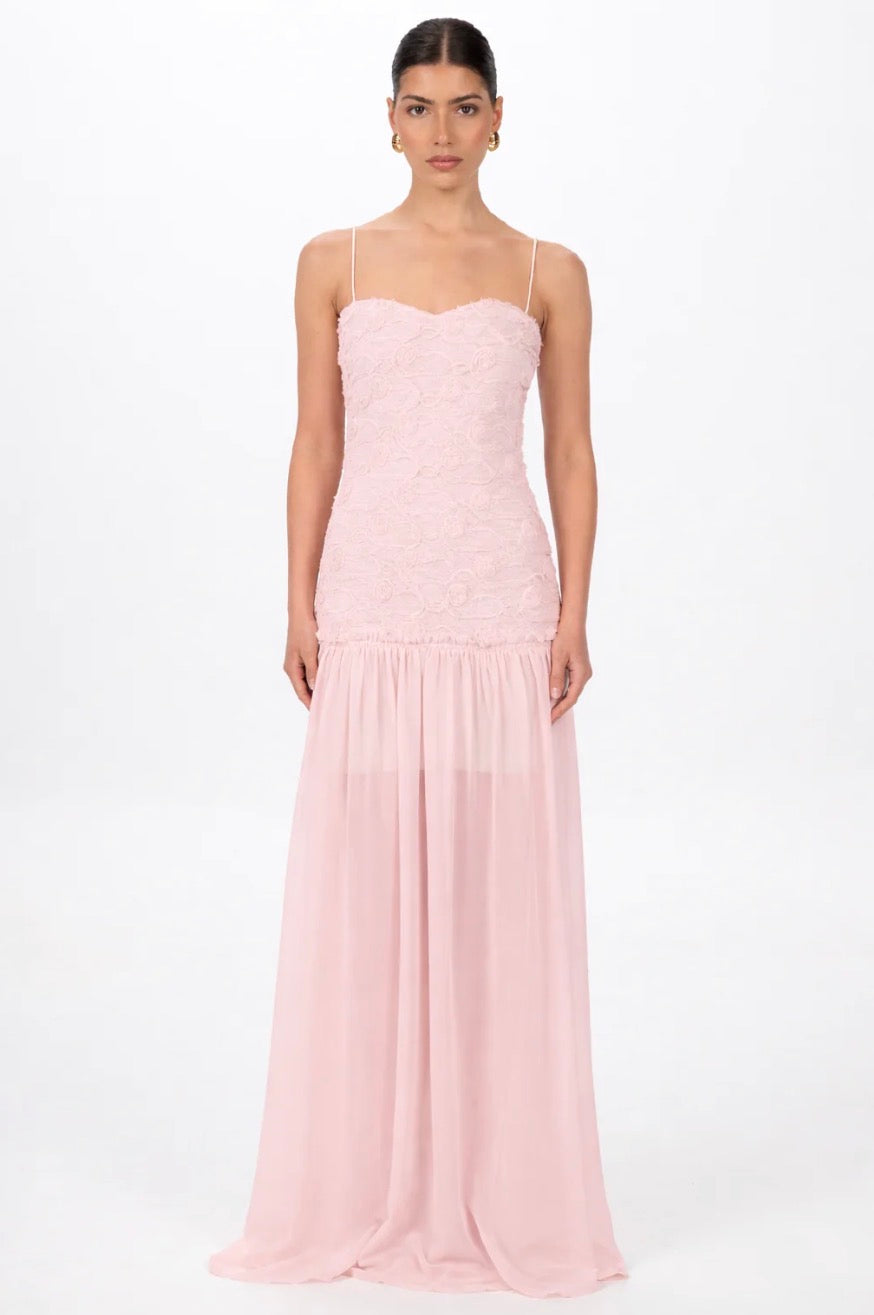 Blush Pink Strapless Lace Maxi Dress