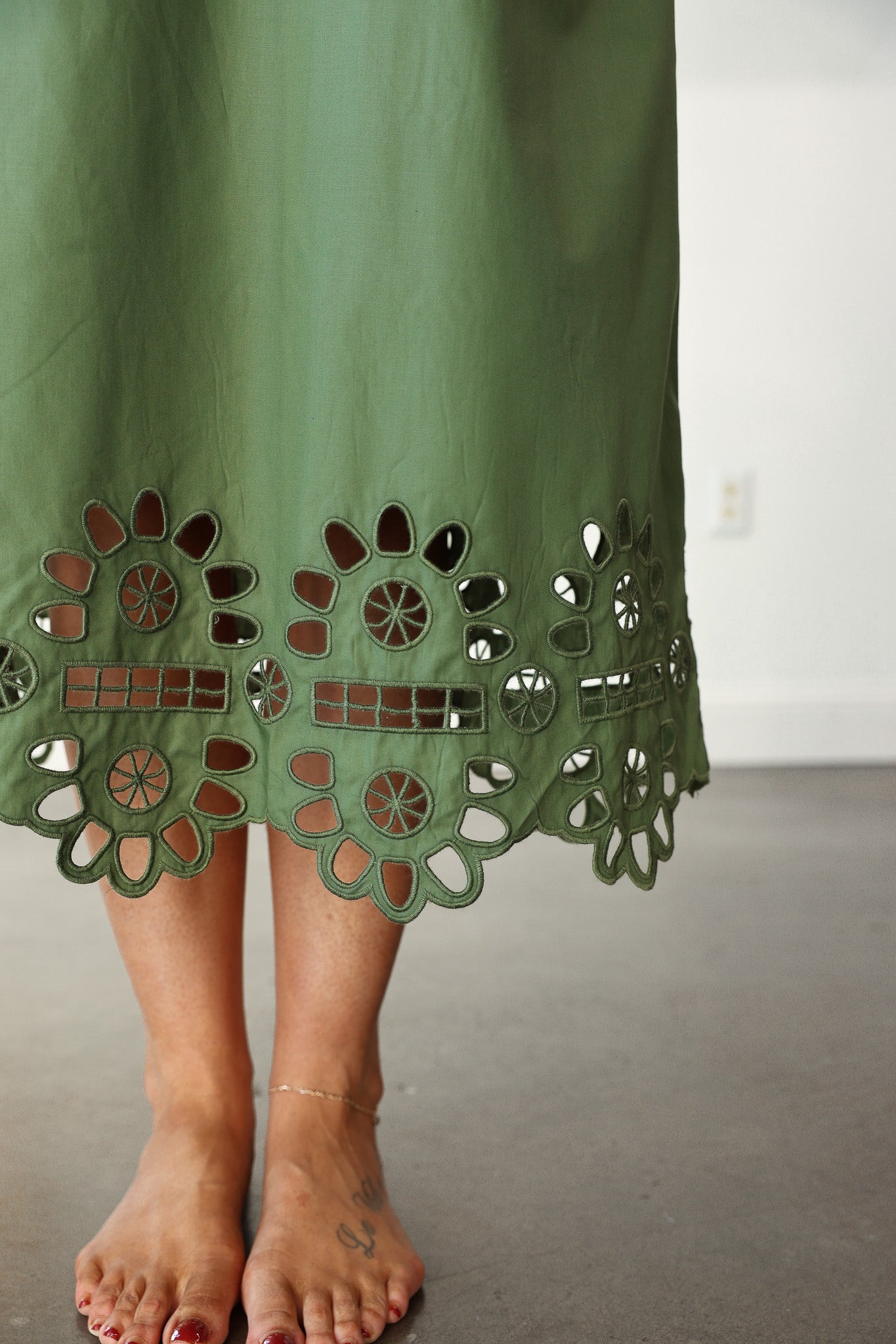 Ruffle Collar Eyelet Trim Dress - Olive