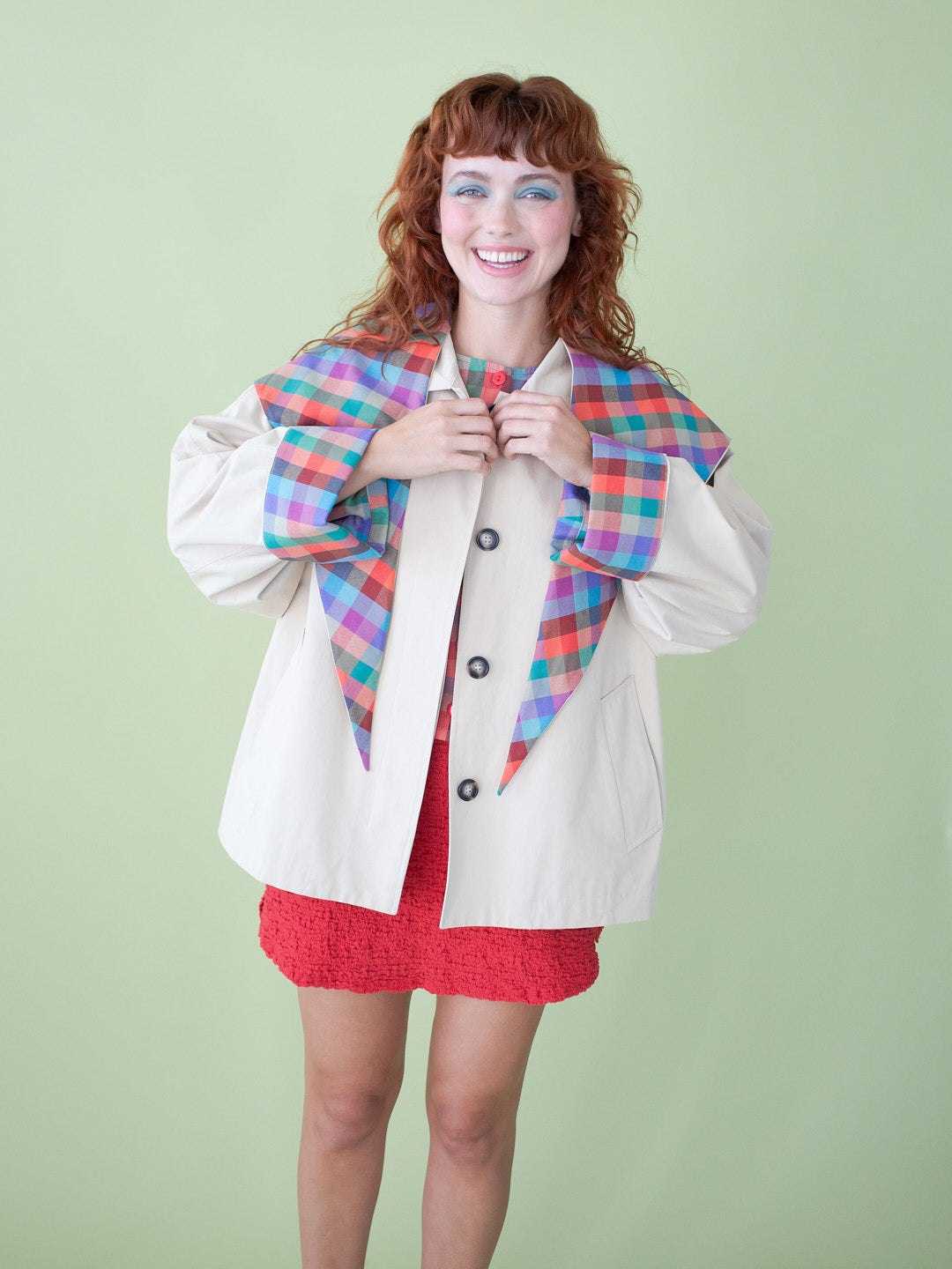 Contrast Rainbow Plaid Sailor Collar Bow Short Jacket