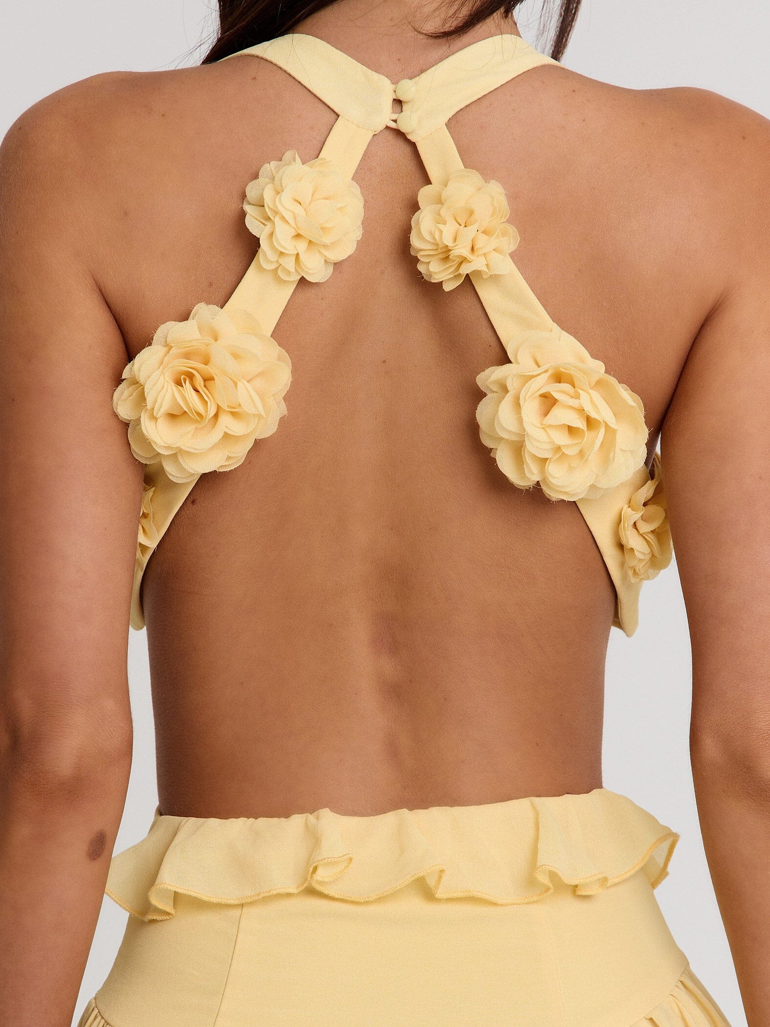 Pale Yellow Deep V Cut‑Out Ruffled Maxi Dress
