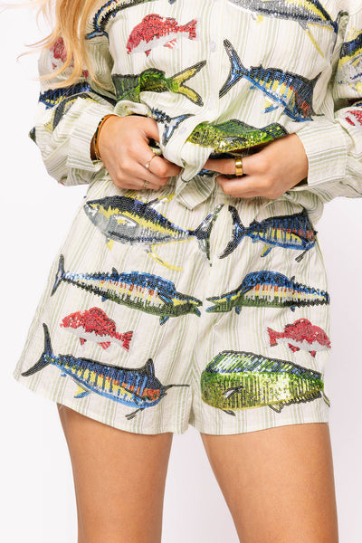 Queen of Sparkles Green Stripe Multi Fish Short