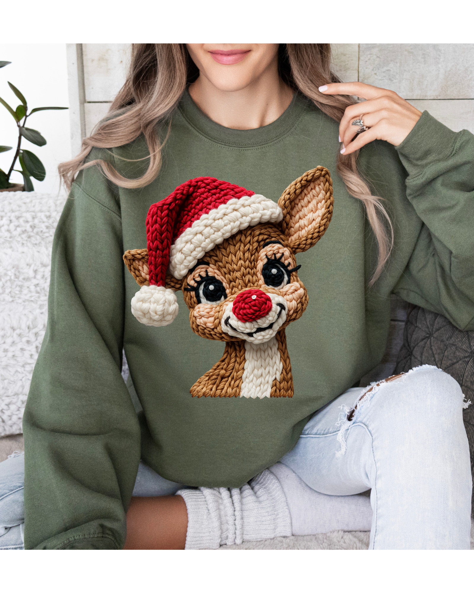 Faux Yarn, Red Nose Reindeer, Santa Hat, Holiday Sweatshirt