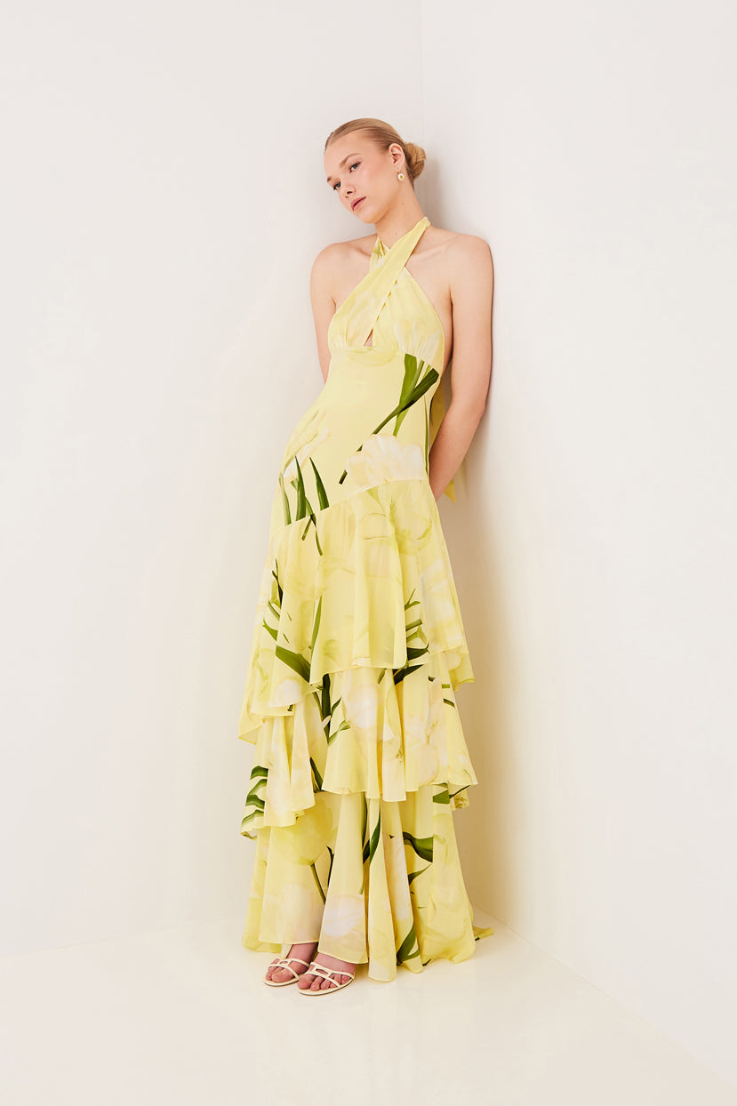 Yellow Floral Halter Tiered Maxi Dress