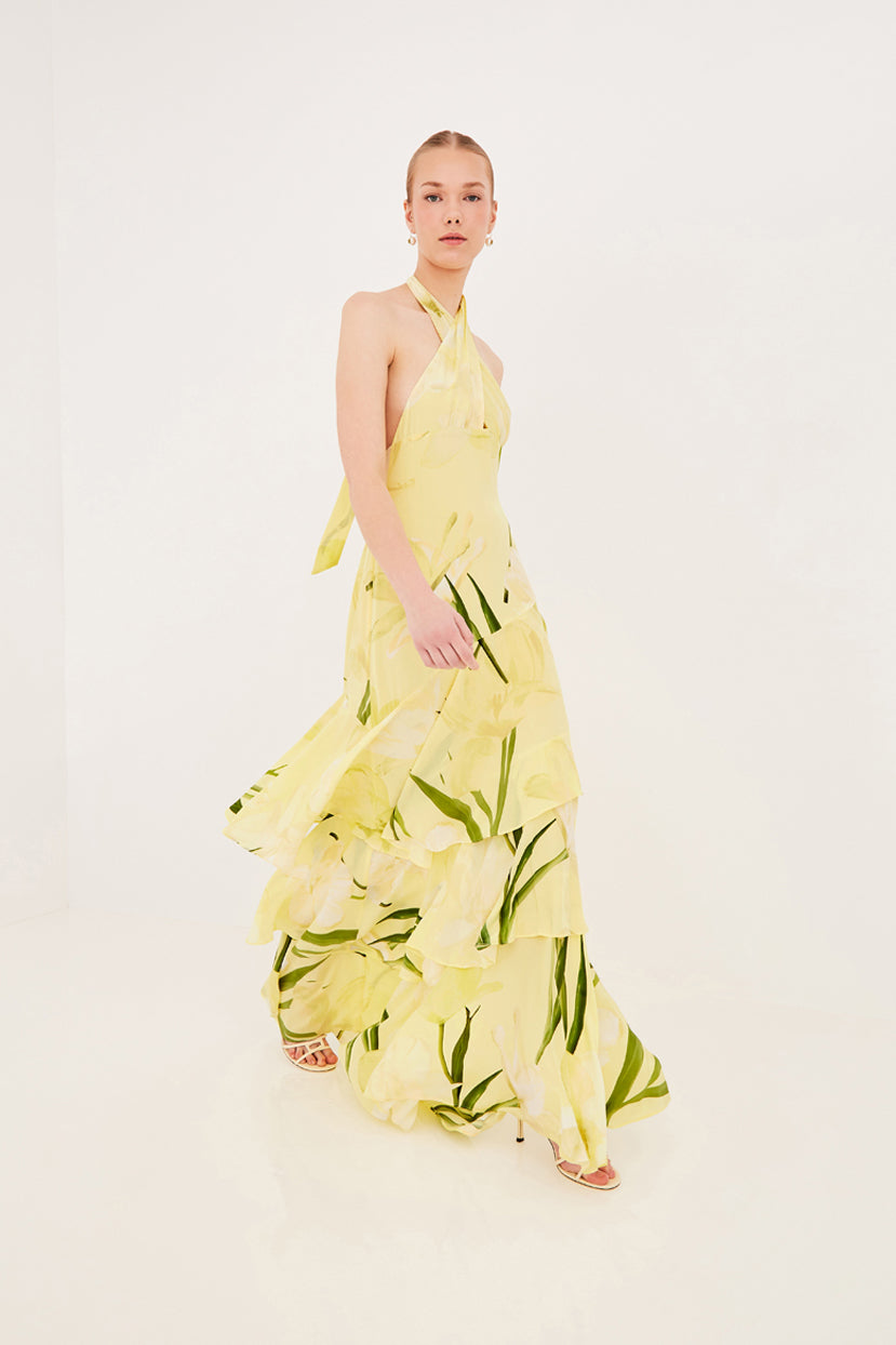 Yellow Floral Halter Tiered Maxi Dress