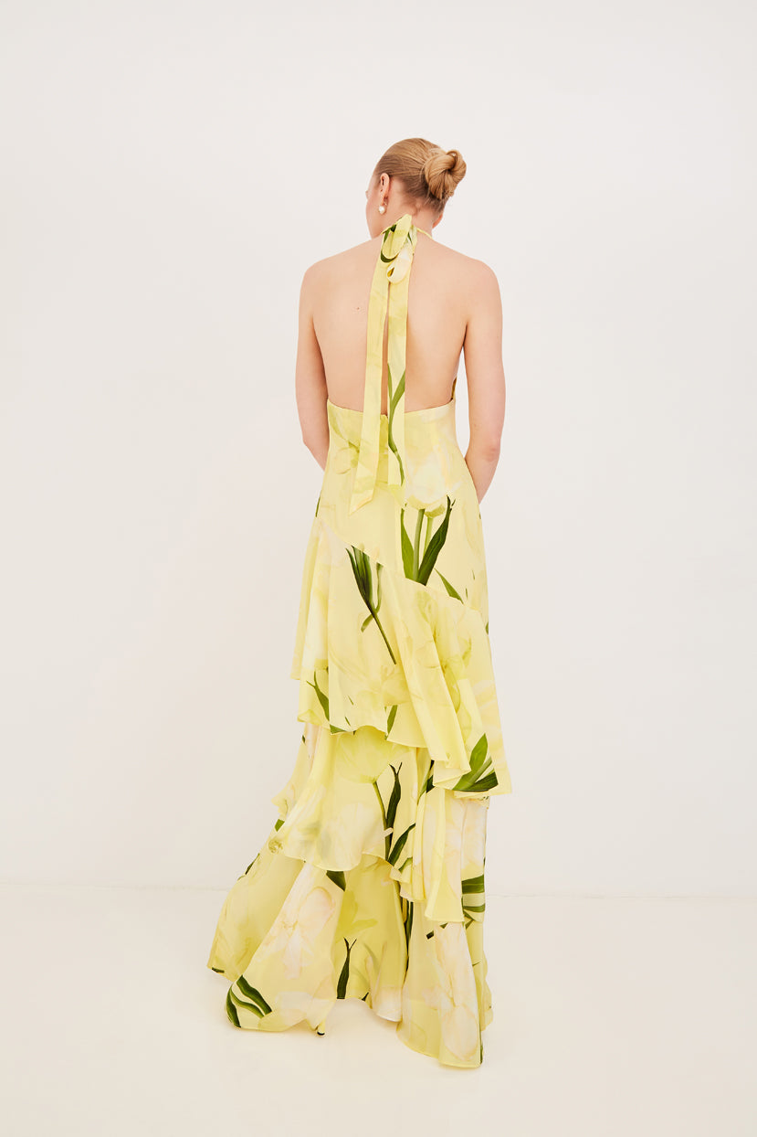 Yellow Floral Halter Tiered Maxi Dress