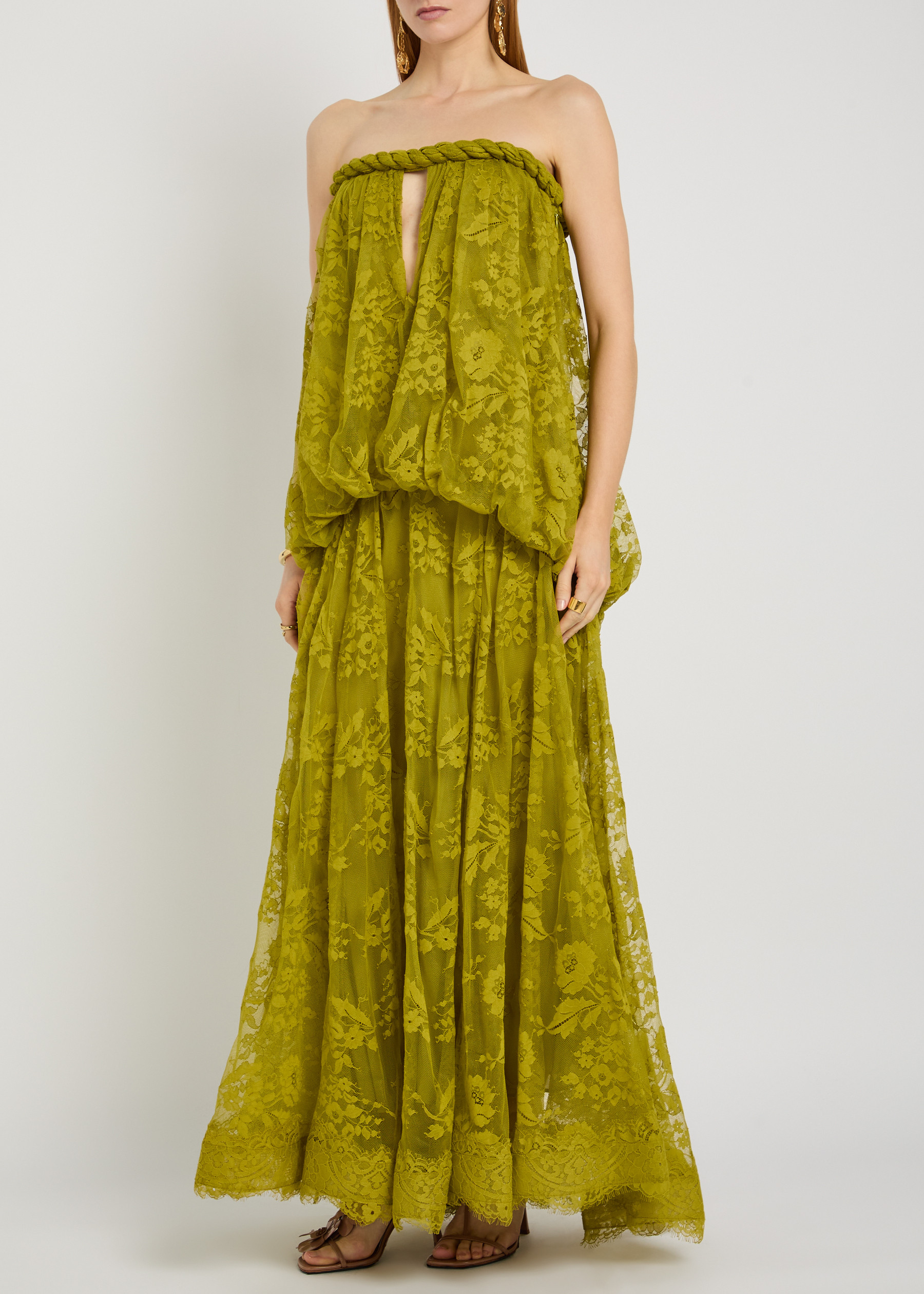 Olive Green Strapless Lace Maxi Dress