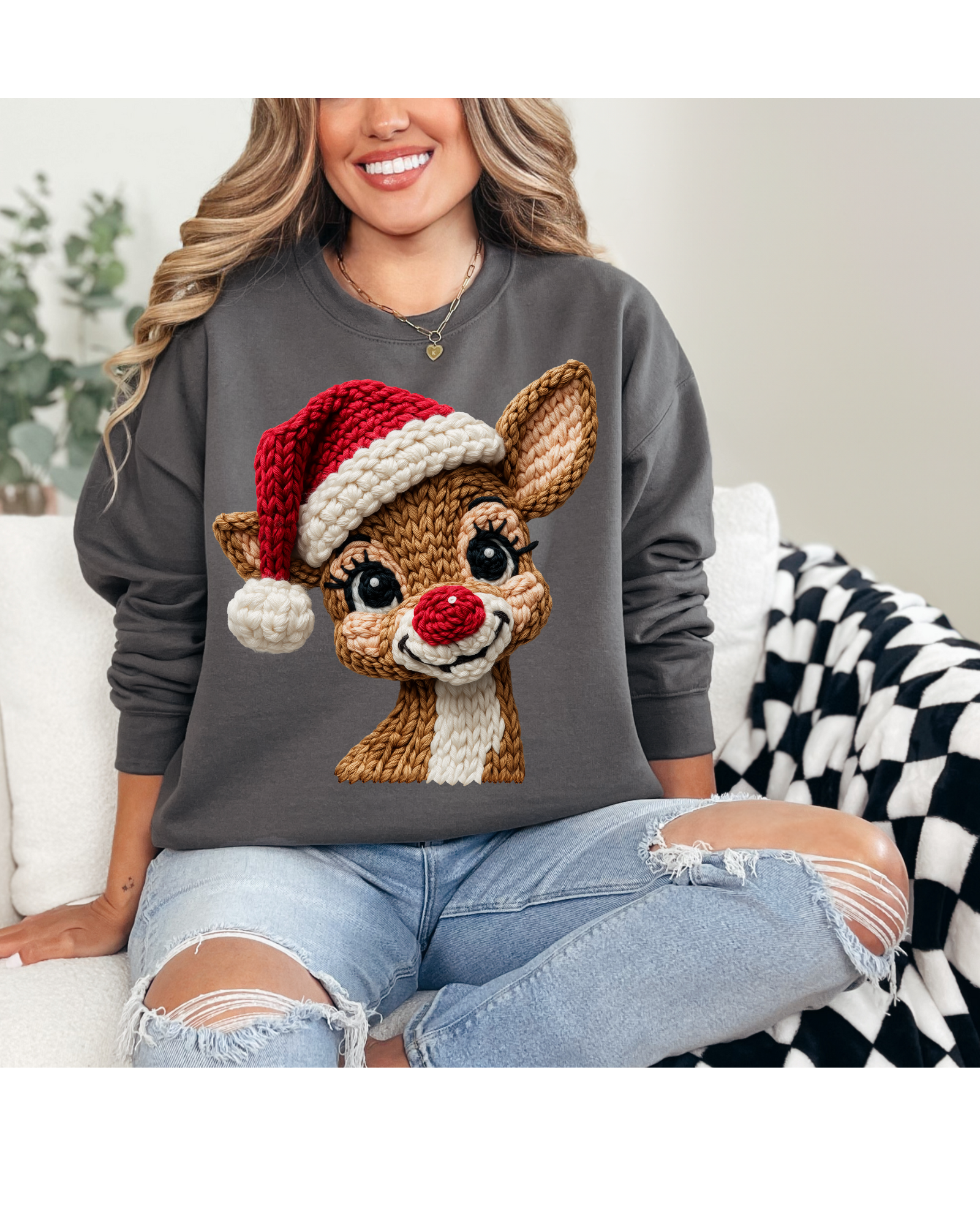 Faux Yarn, Red Nose Reindeer, Santa Hat, Holiday Sweatshirt