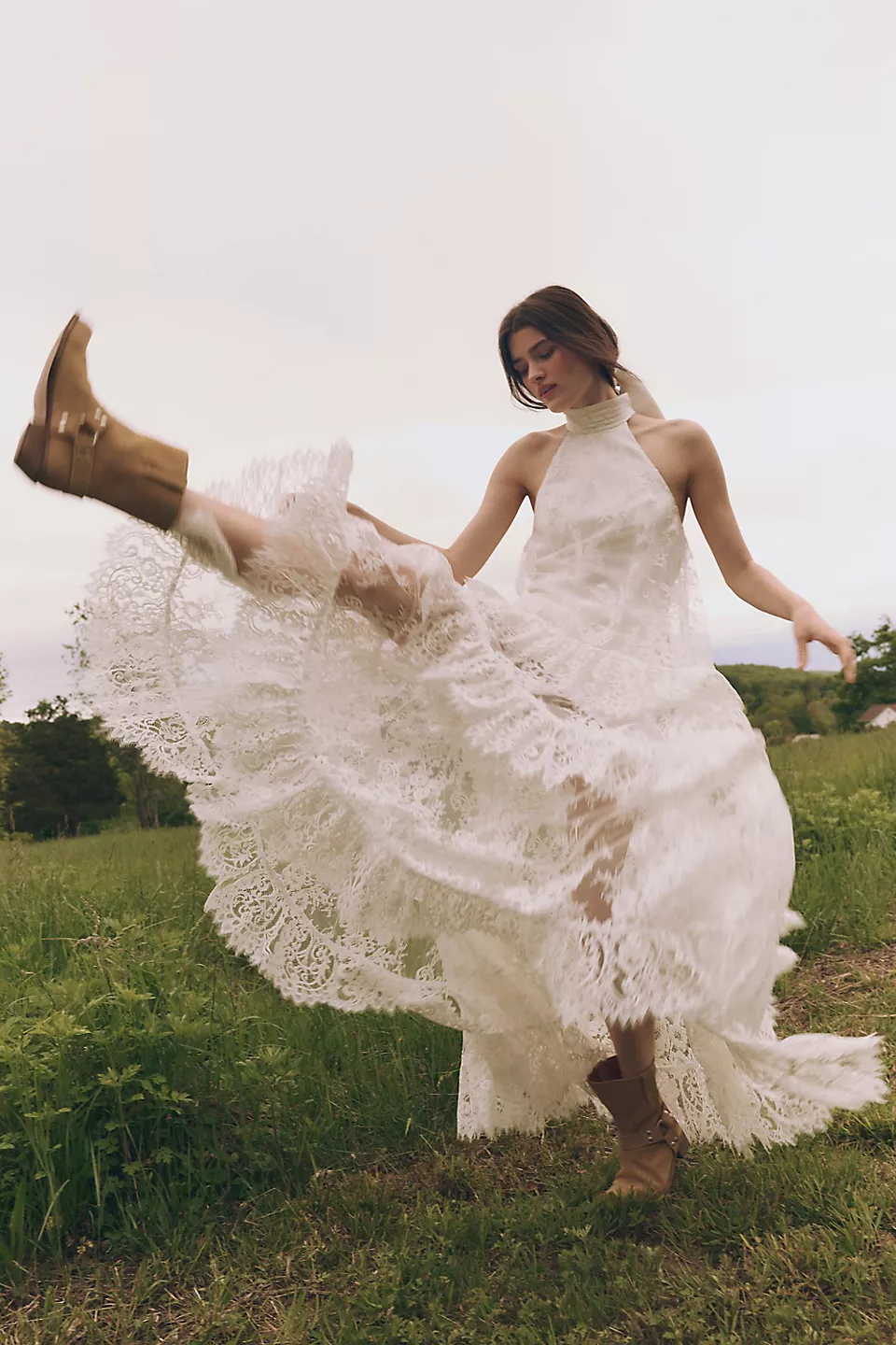 BHLDN Lace Halter Ruffle Peekaboo Maxi Dress