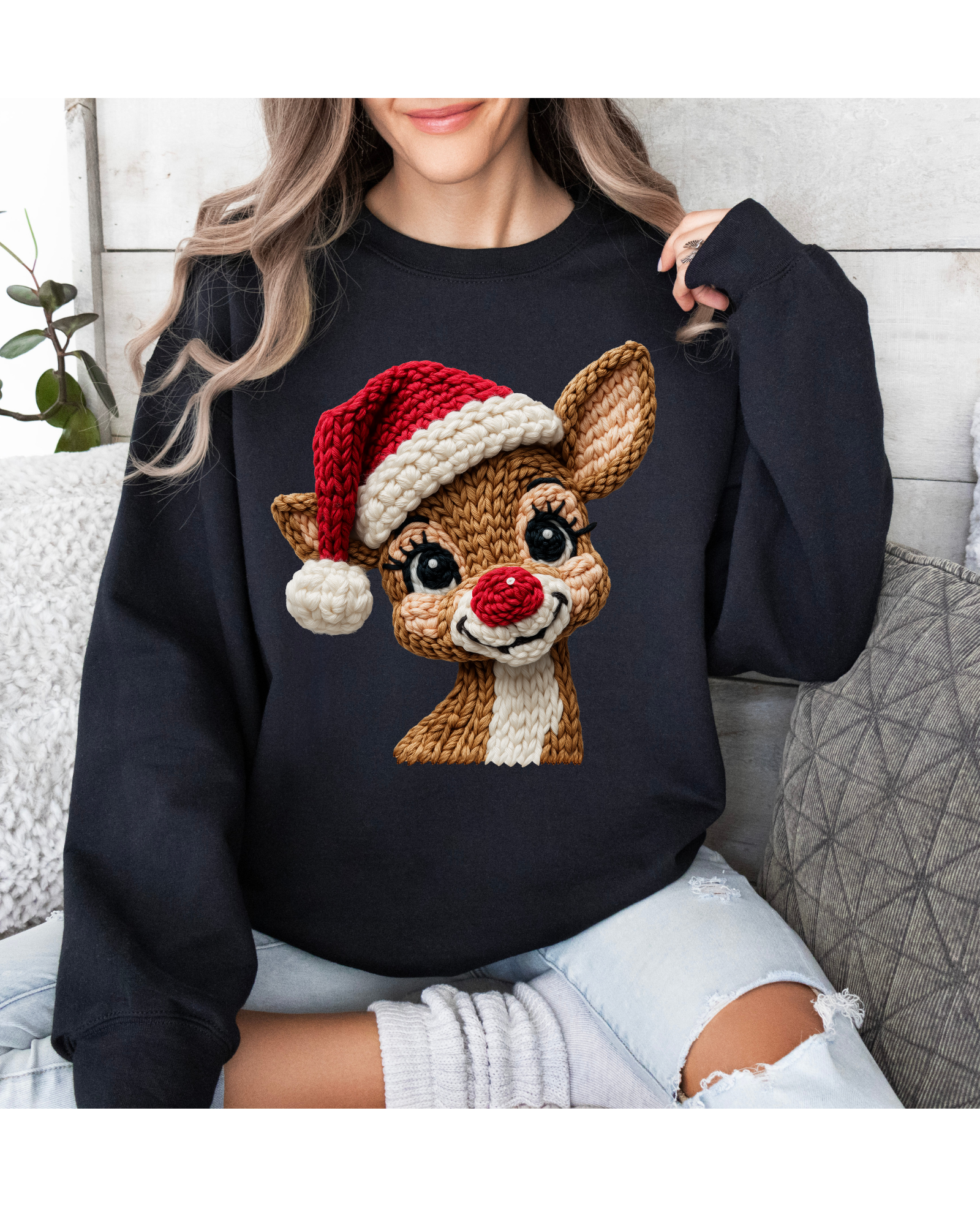 Faux Yarn, Red Nose Reindeer, Santa Hat, Holiday Sweatshirt