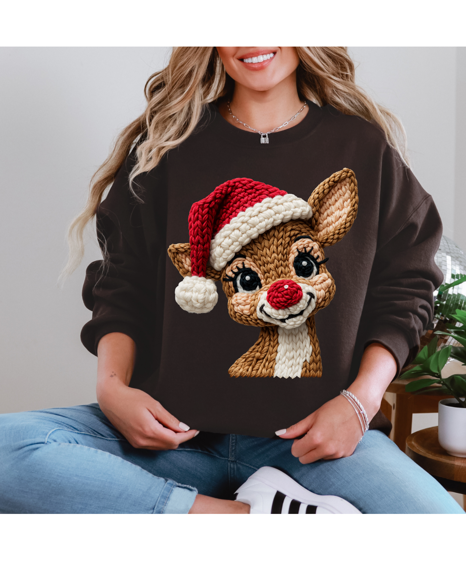 Faux Yarn, Red Nose Reindeer, Santa Hat, Holiday Sweatshirt
