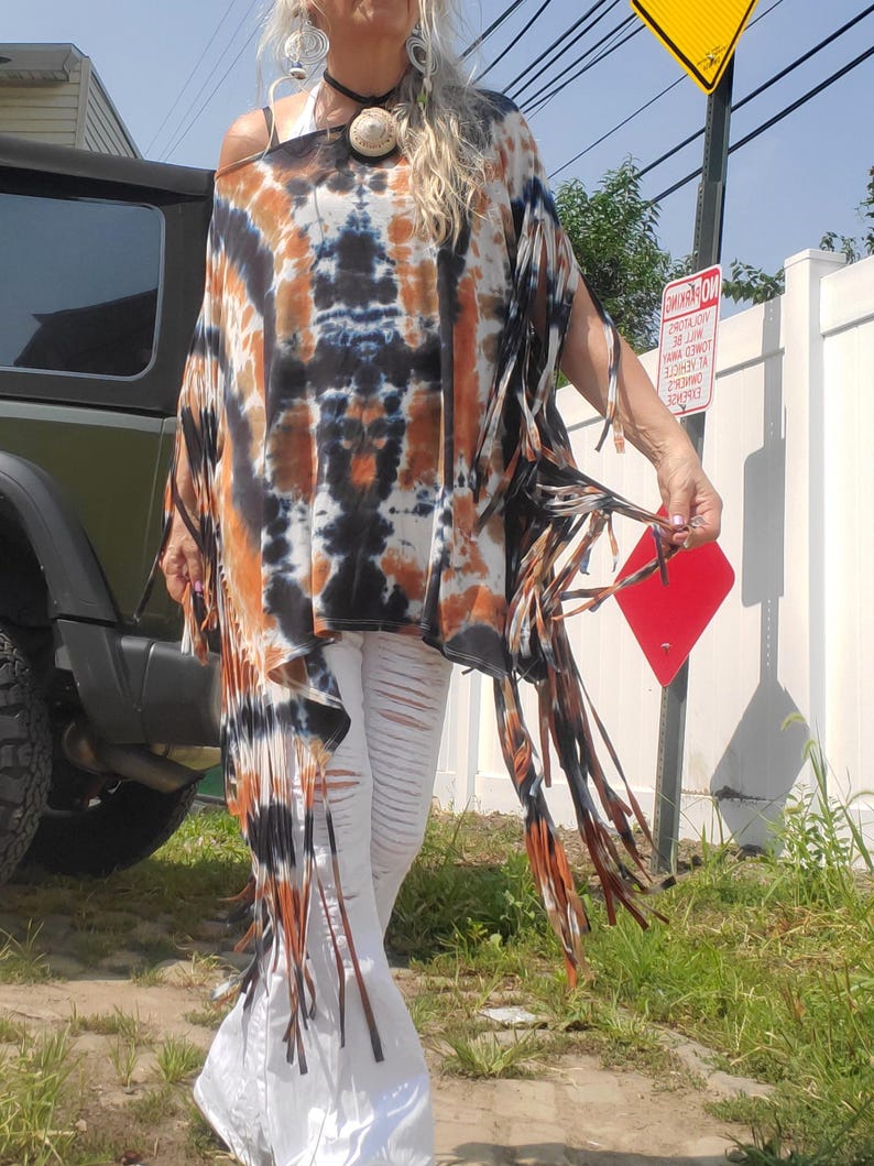 Poncho Top with Extra Long Fringes, in Earthy Tie Dye