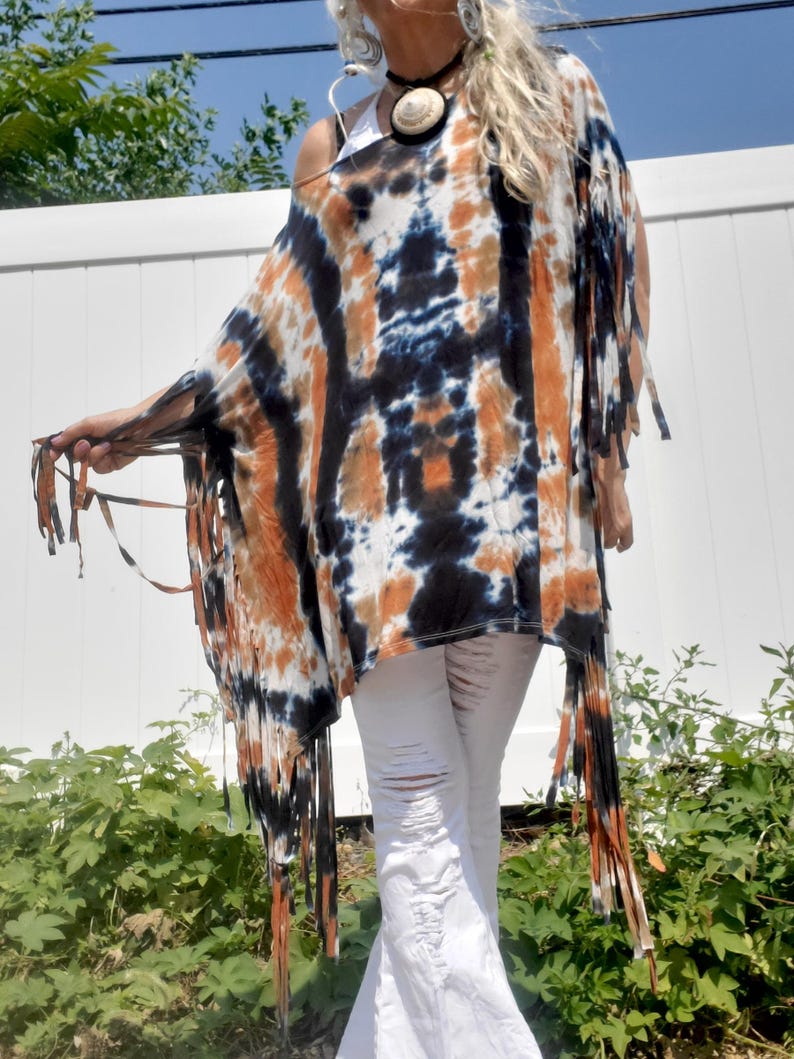 Poncho Top with Extra Long Fringes, in Earthy Tie Dye