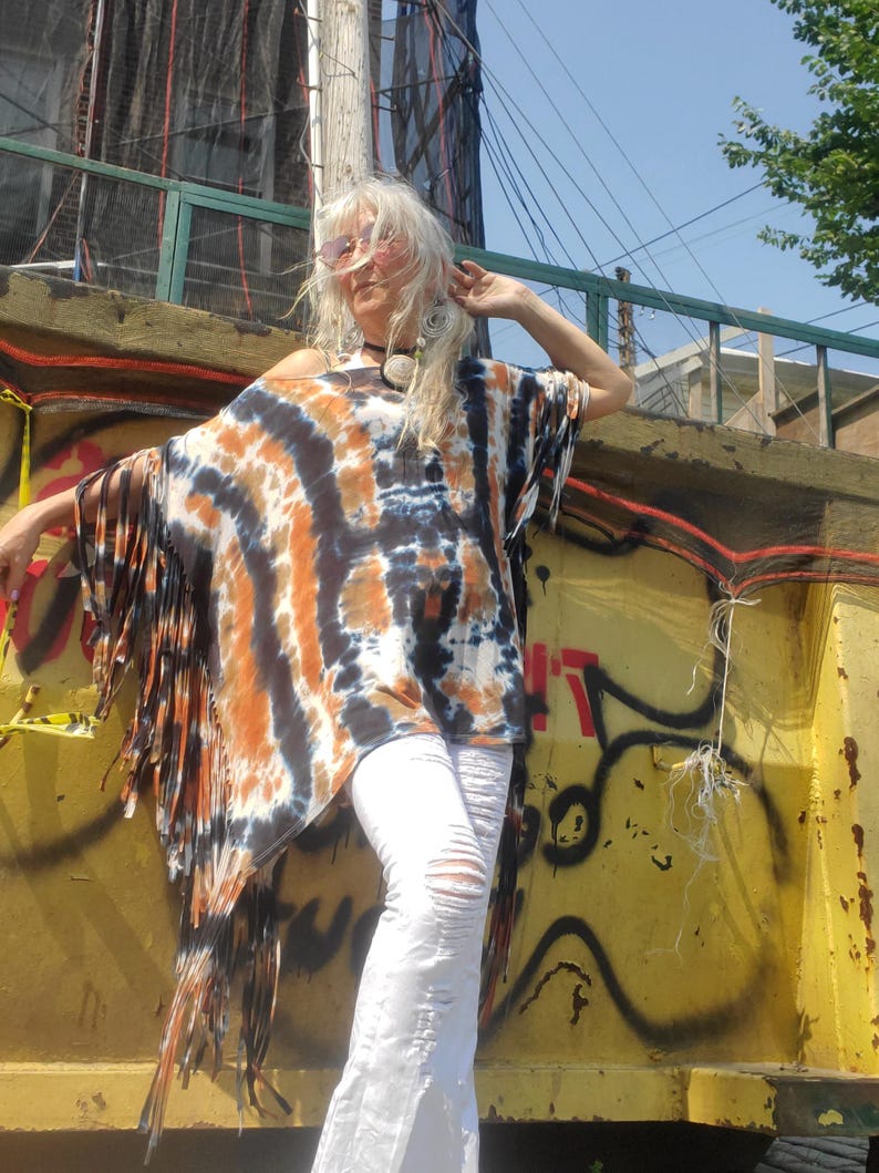 Poncho Top with Extra Long Fringes, in Earthy Tie Dye