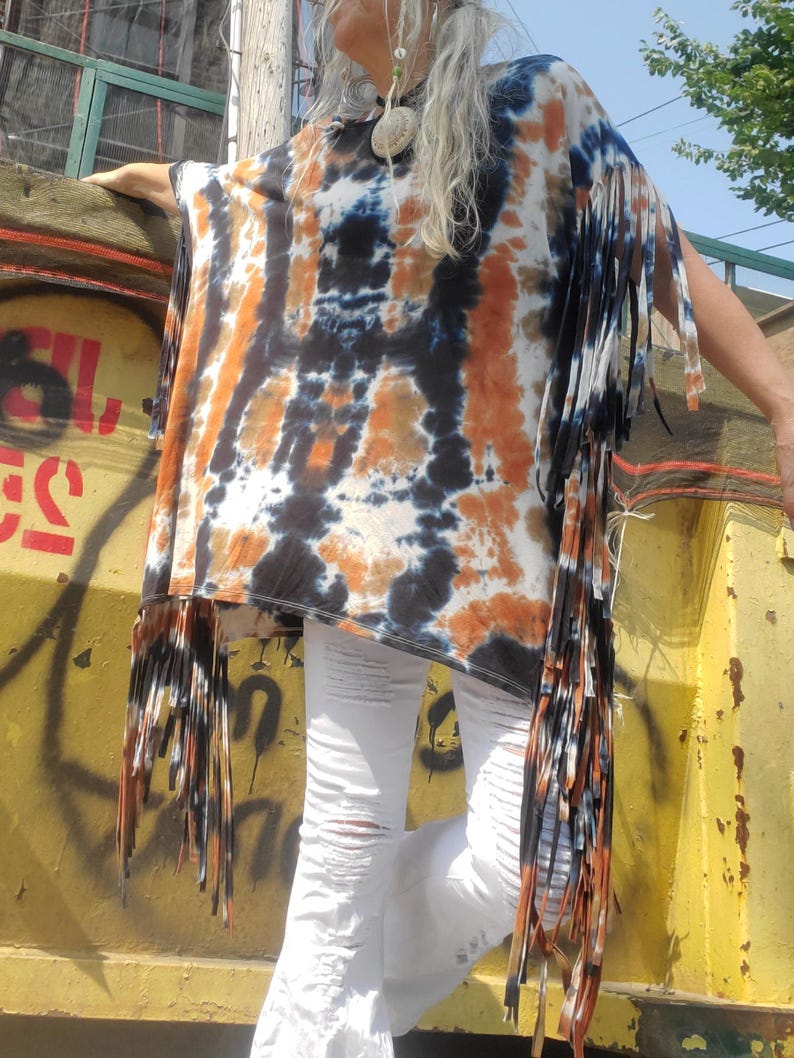 Poncho Top with Extra Long Fringes, in Earthy Tie Dye