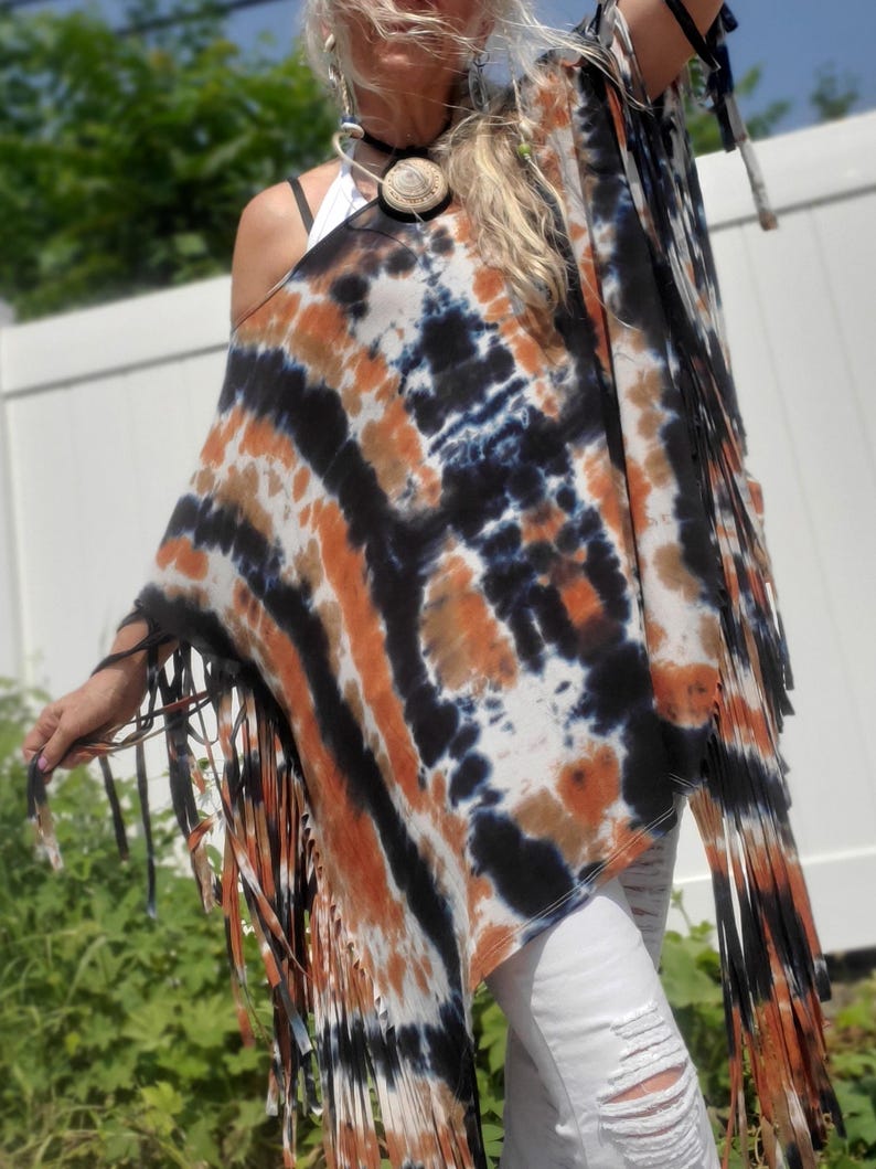 Poncho Top with Extra Long Fringes, in Earthy Tie Dye