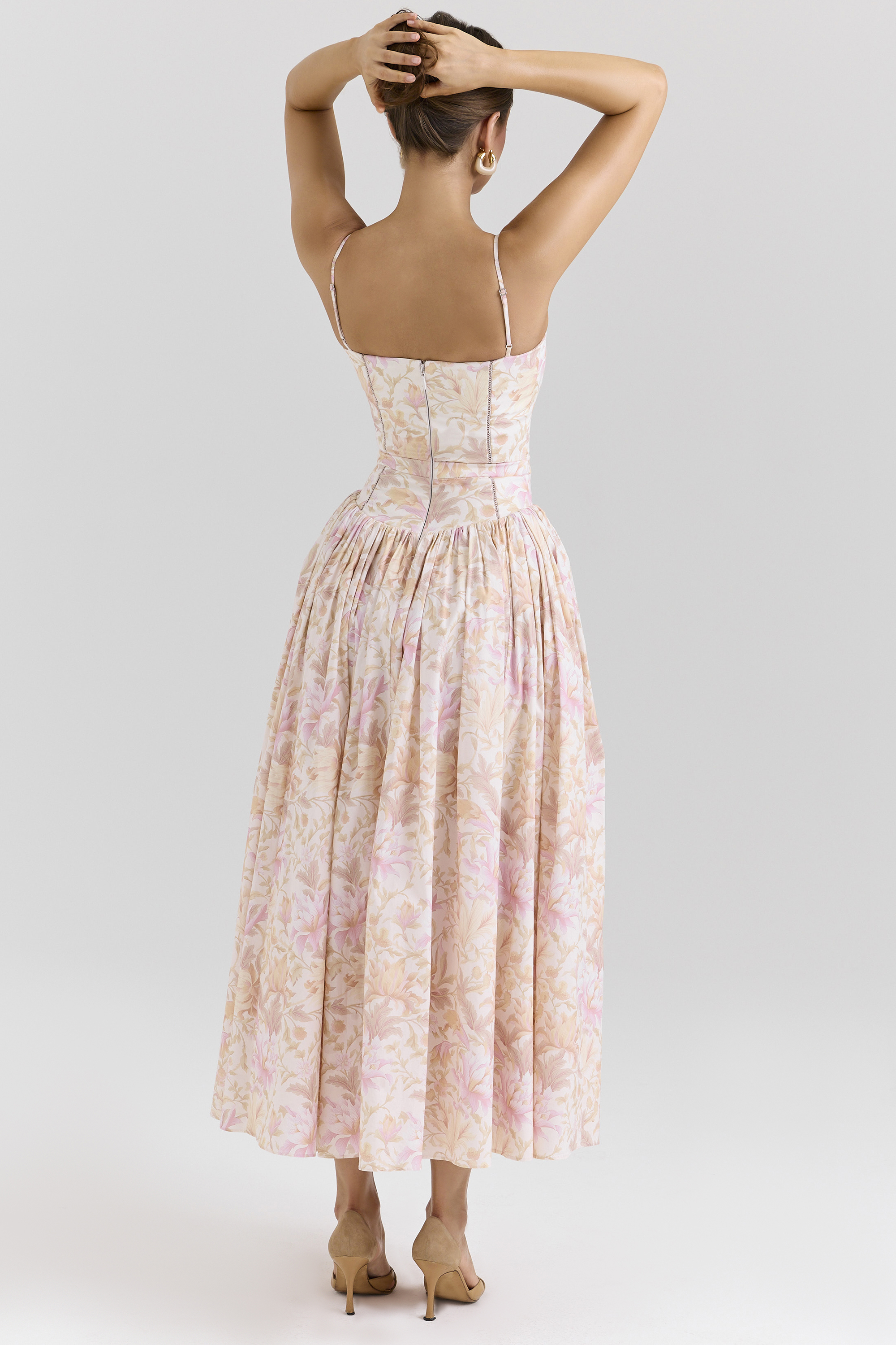 peach floral print stretch cotton midi sundress