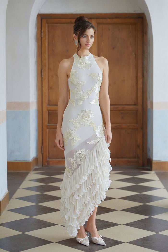 Halter Neck Floral Embroidered Ruffle Midi Dress