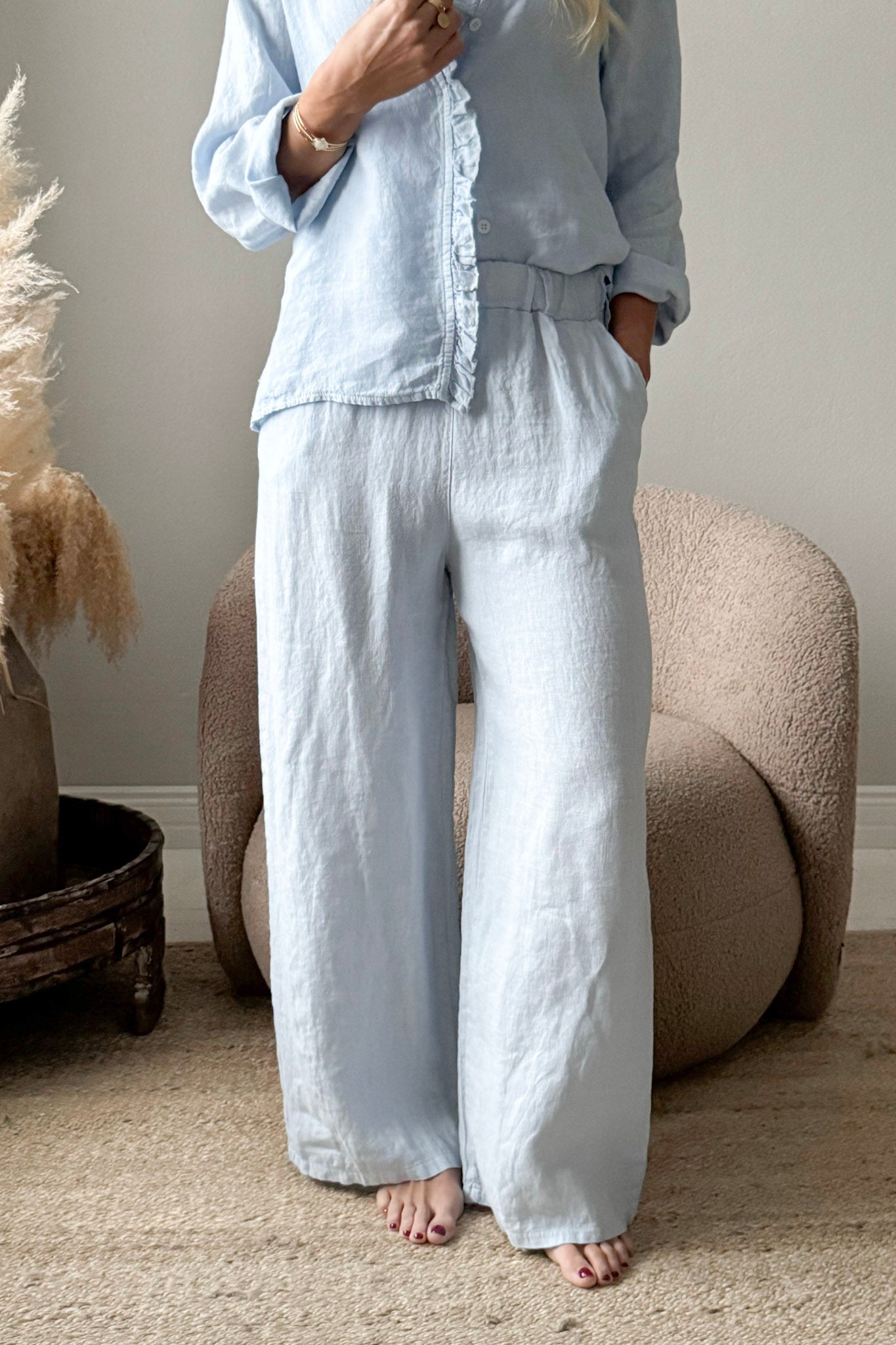 Light Blue Washed Linen Elastic High Waist Wide Leg Palazzo Pants
