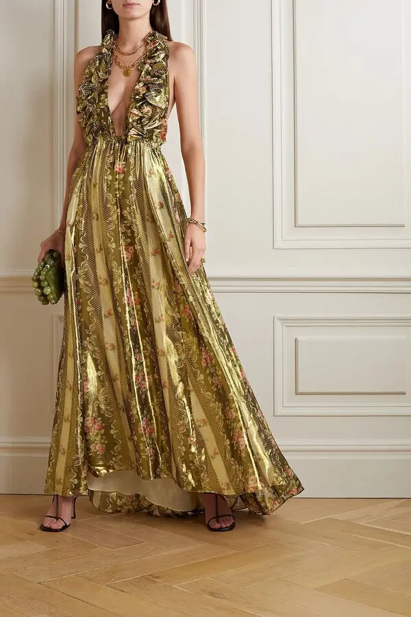 antonie ruffled floralprint lamé halterneck maxi dress