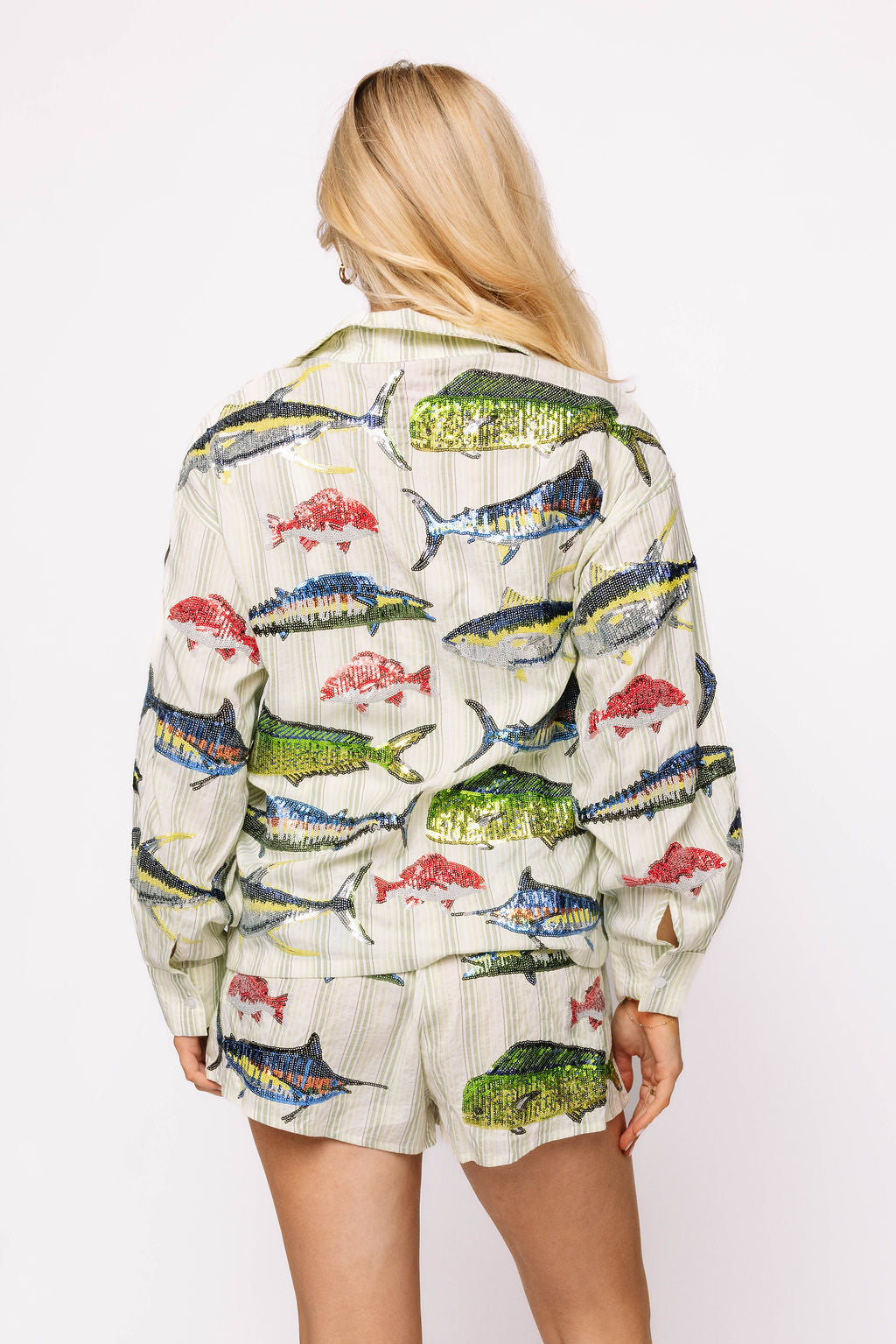 Queen of Sparkles Green Stripe Multi Fish Short