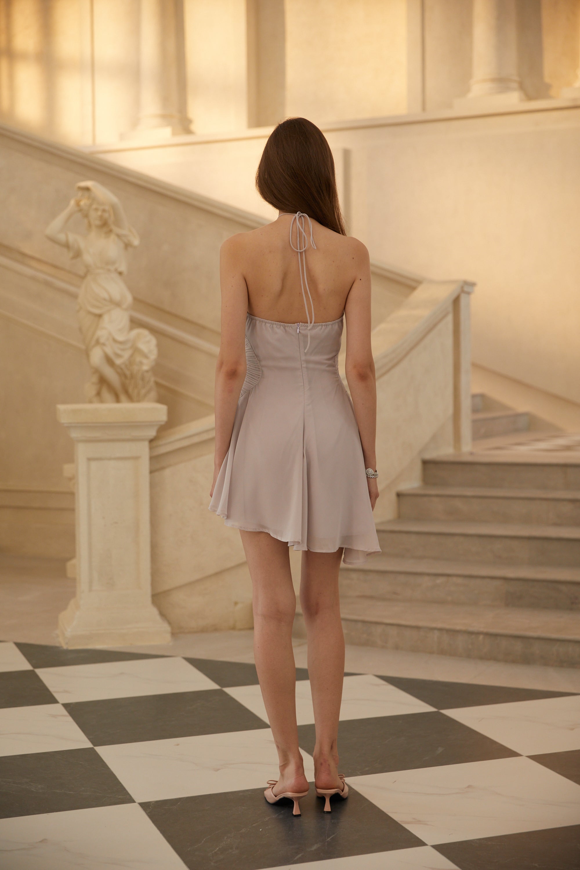 Doux Purple Ruffled Trim Pleated Mini Dress