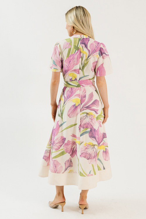 White Base Pink Iris Floral Print Tie‑Waist Midi Dress