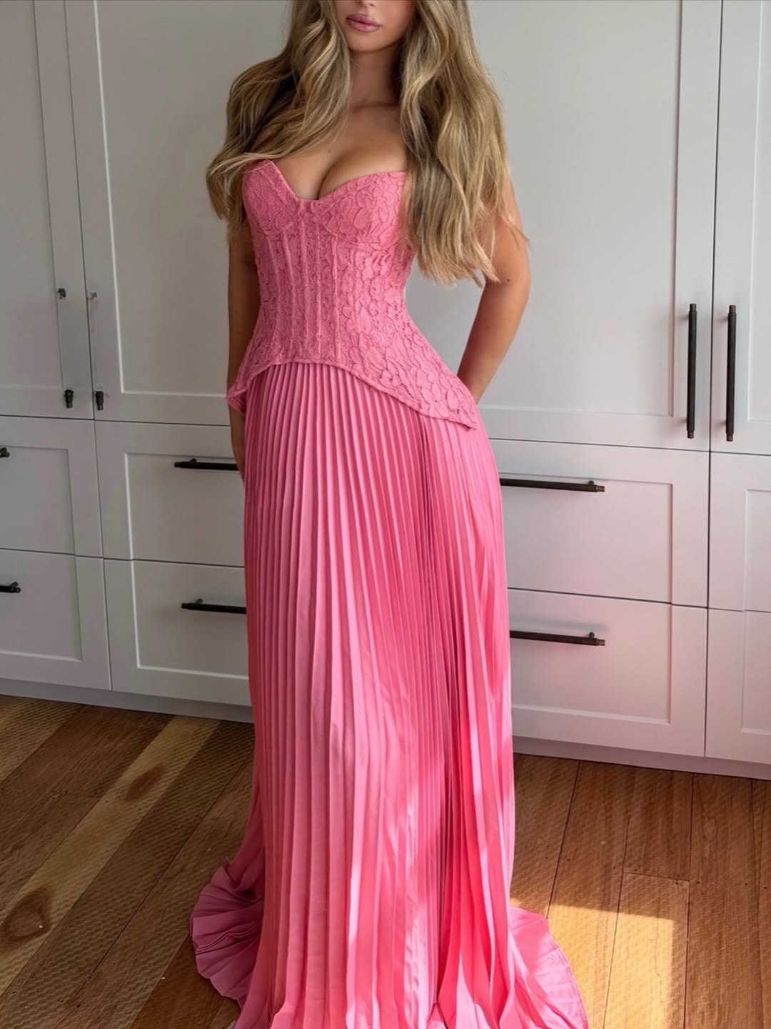 Barbie Pink Strapless Lace Corset Pleated Maxi Gown