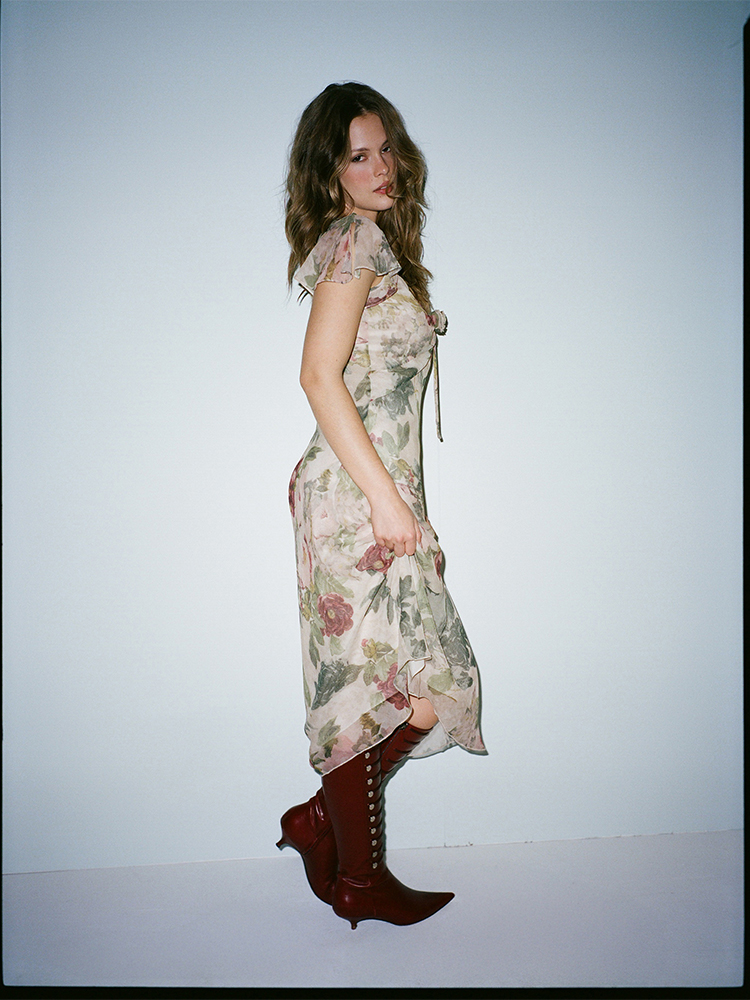 Vintage Floral Chiffon Bias-Cut Midi Dress