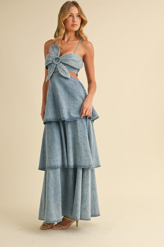 Flower Accent Cut Out Denim Maxi Dress