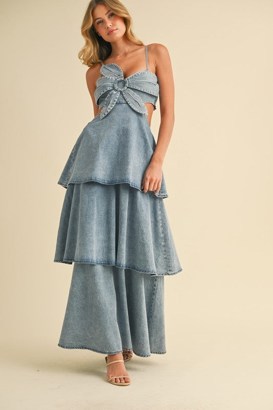 Flower Accent Cut Out Denim Maxi Dress
