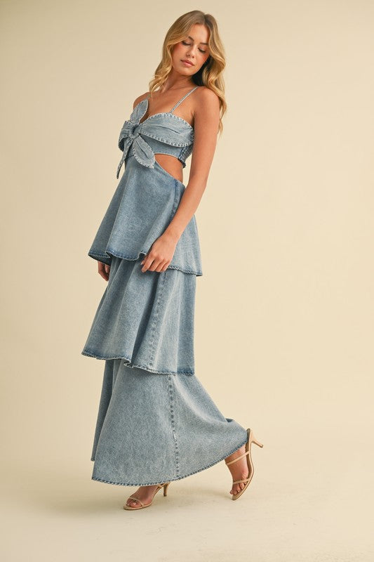 Flower Accent Cut Out Denim Maxi Dress